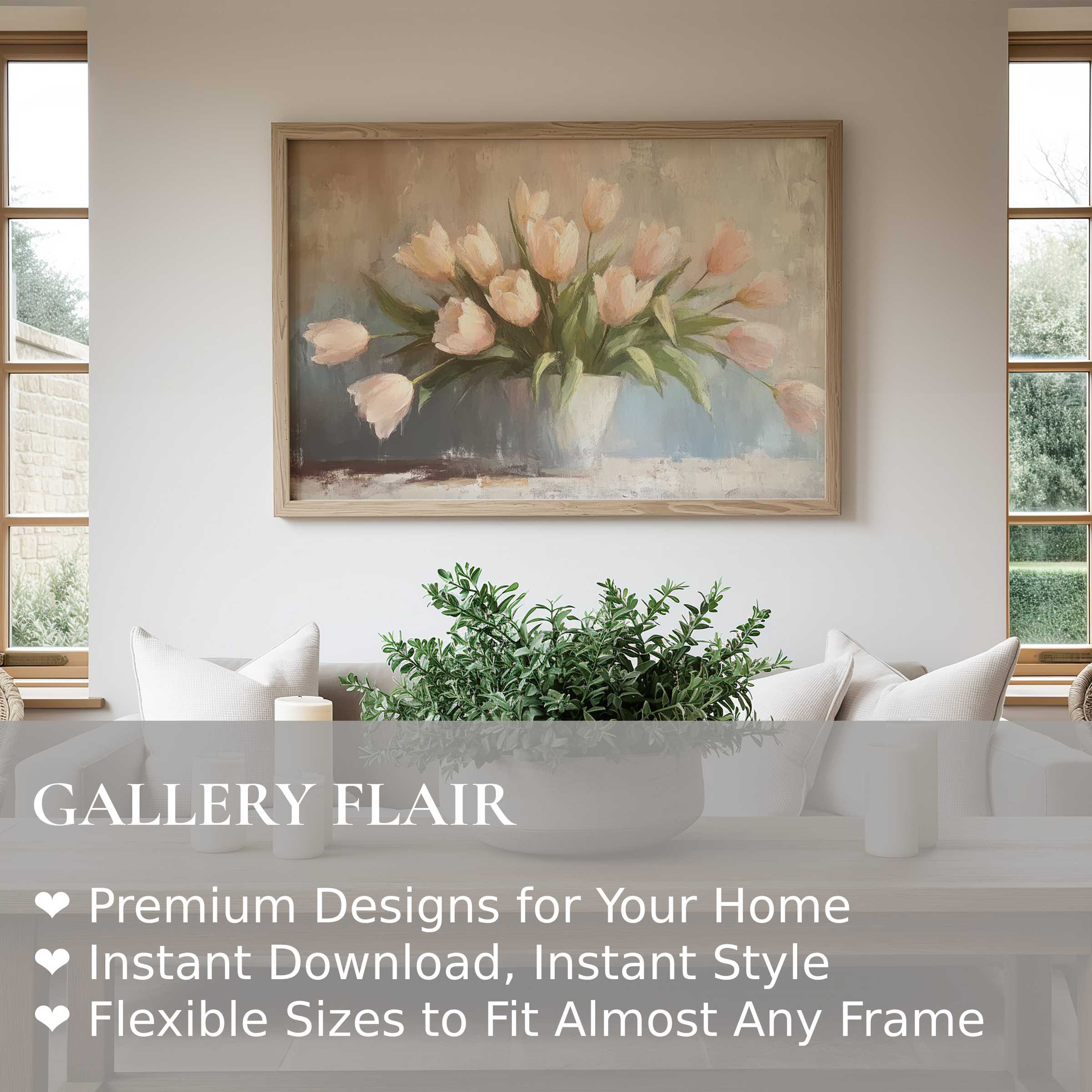 Soft pastel spring wall art print with delicate tulips in a serene modern living room, enhancing calm and airy elegance
