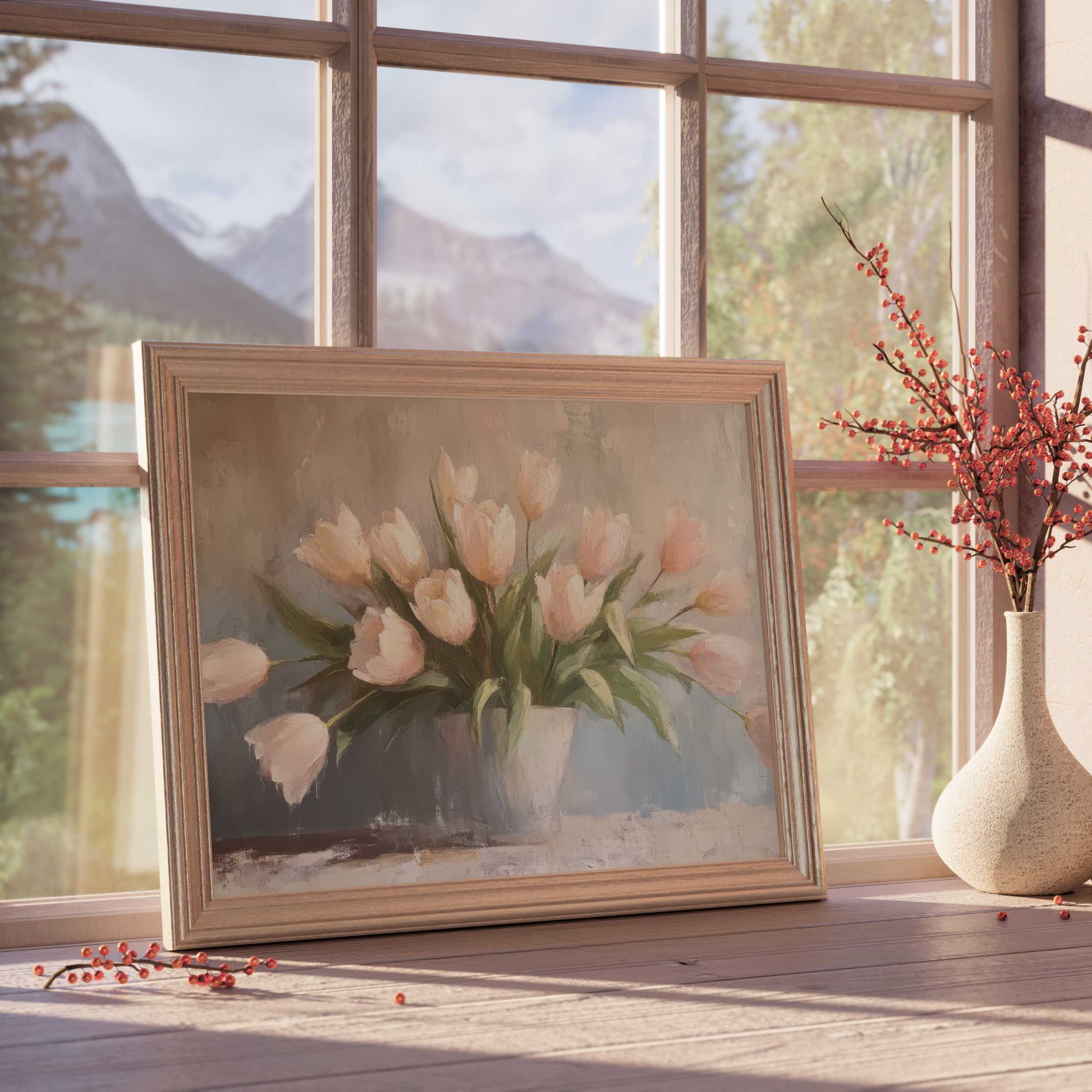 Elegant spring downloadable art featuring soft pink tulips in a muted palette, enhancing serene, curated interiors with timeless floral beauty