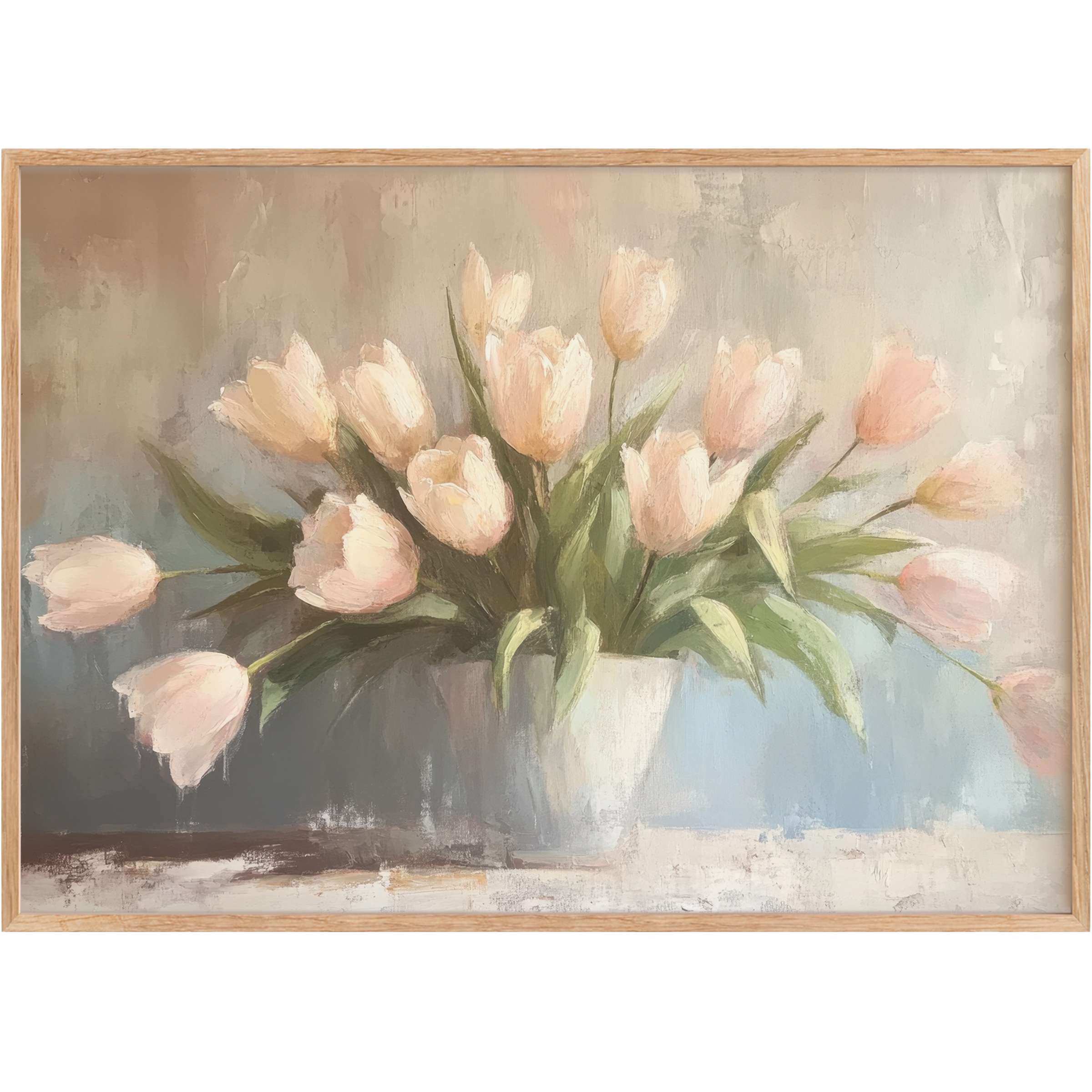 Elegant spring printable wall art featuring soft pink tulips and lush green leaves, evoking a serene and radiant ambiance