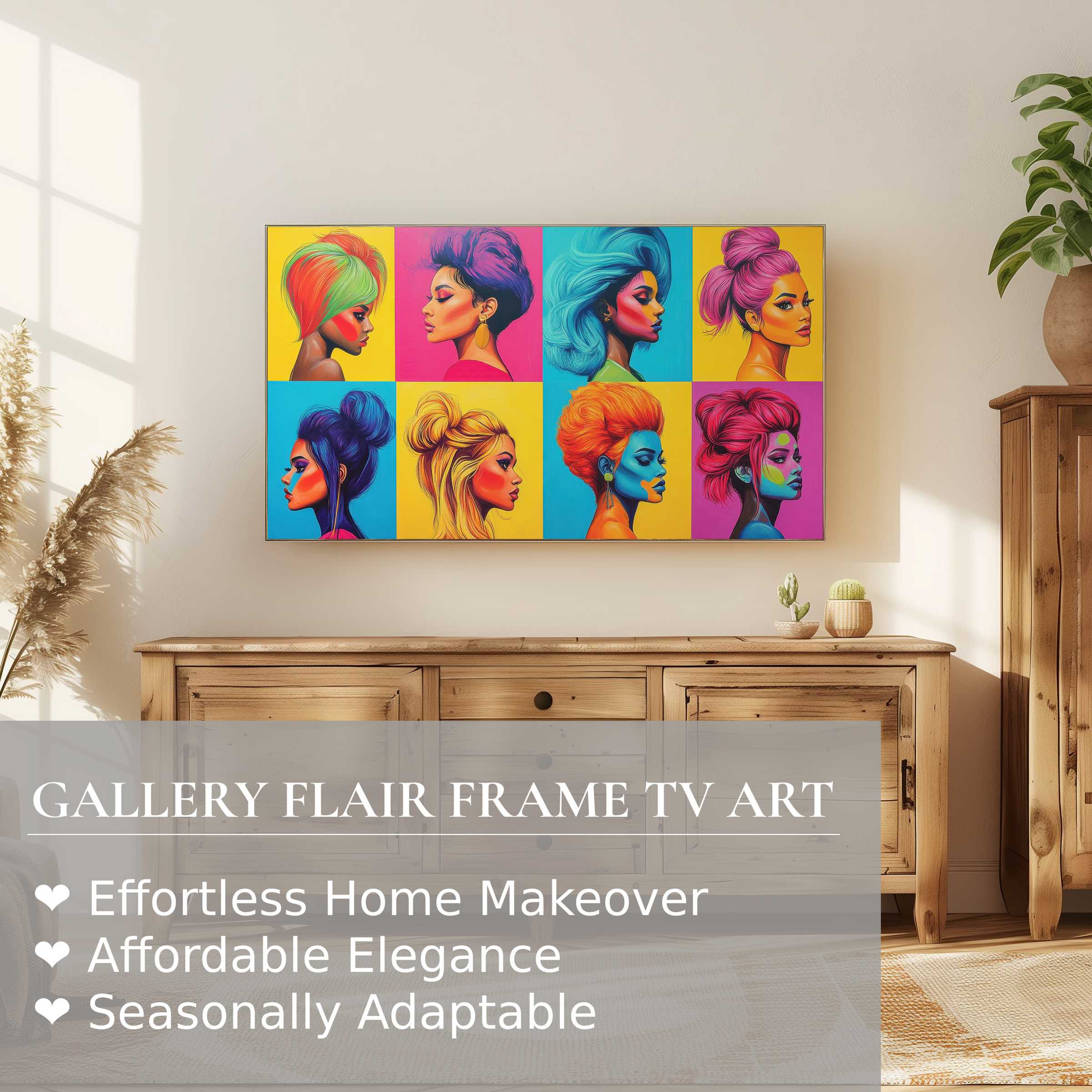 Samsung Frame TV showcasing vibrant pop art digital artwork in a sleek, modern living space with natural wood tones