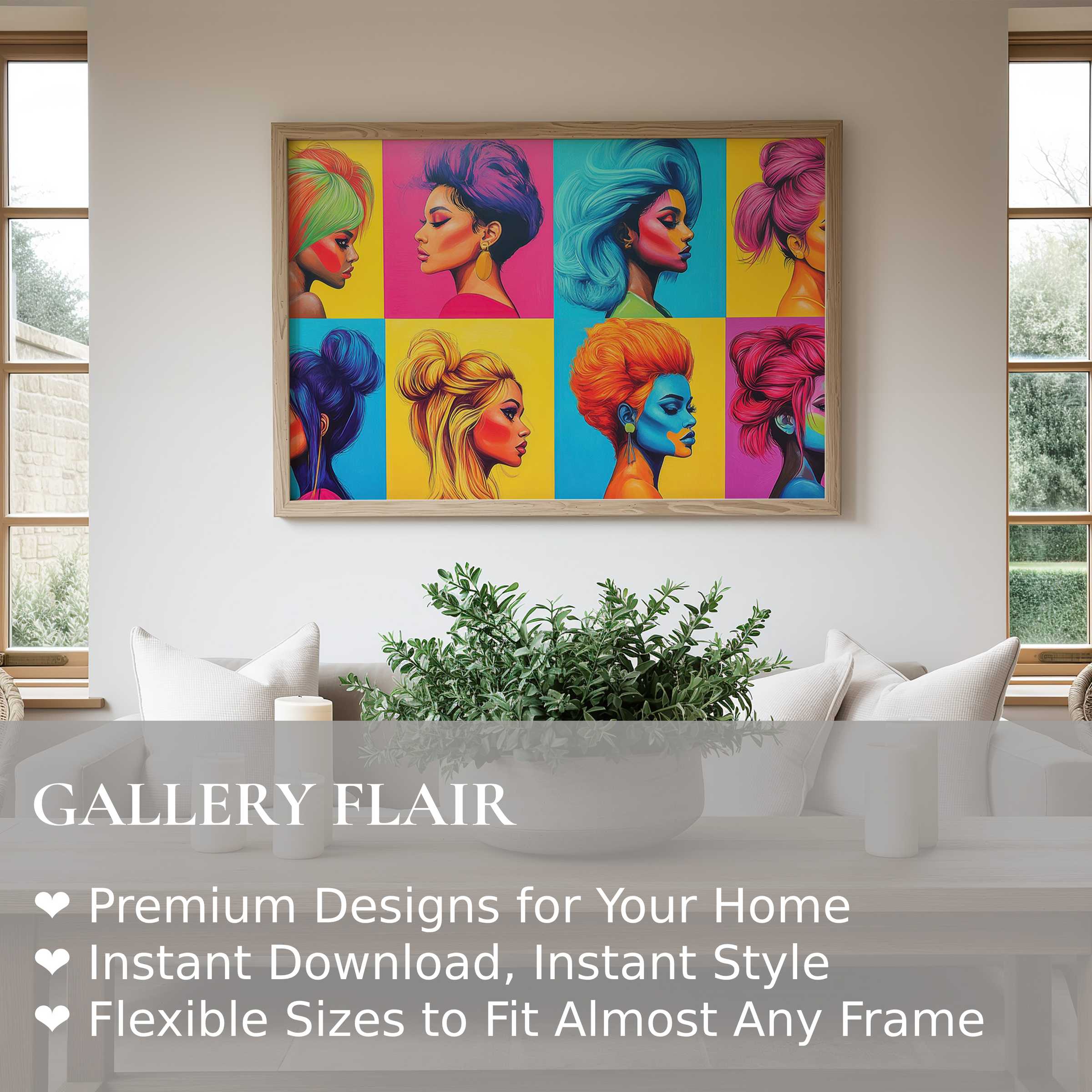 Vibrant pop art wall art print featuring bold, colorful female profiles in a sleek, modern living room Elevate contemporary spaces with dynamic urban art and stylish home decor statements