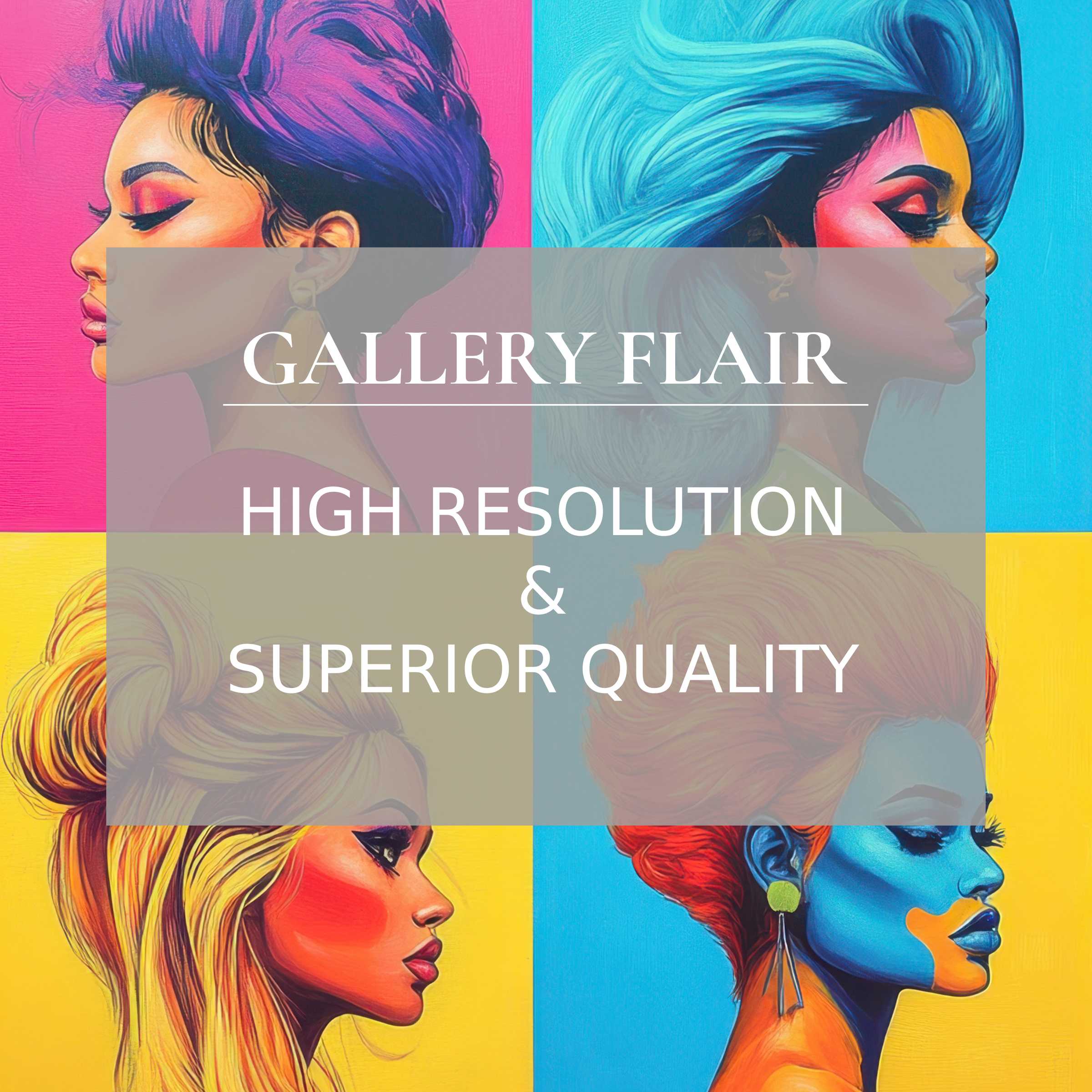 Vibrant pop art printable art capturing bold female profiles in radiant, high-resolution detail, perfect for elevating chic modern interiors