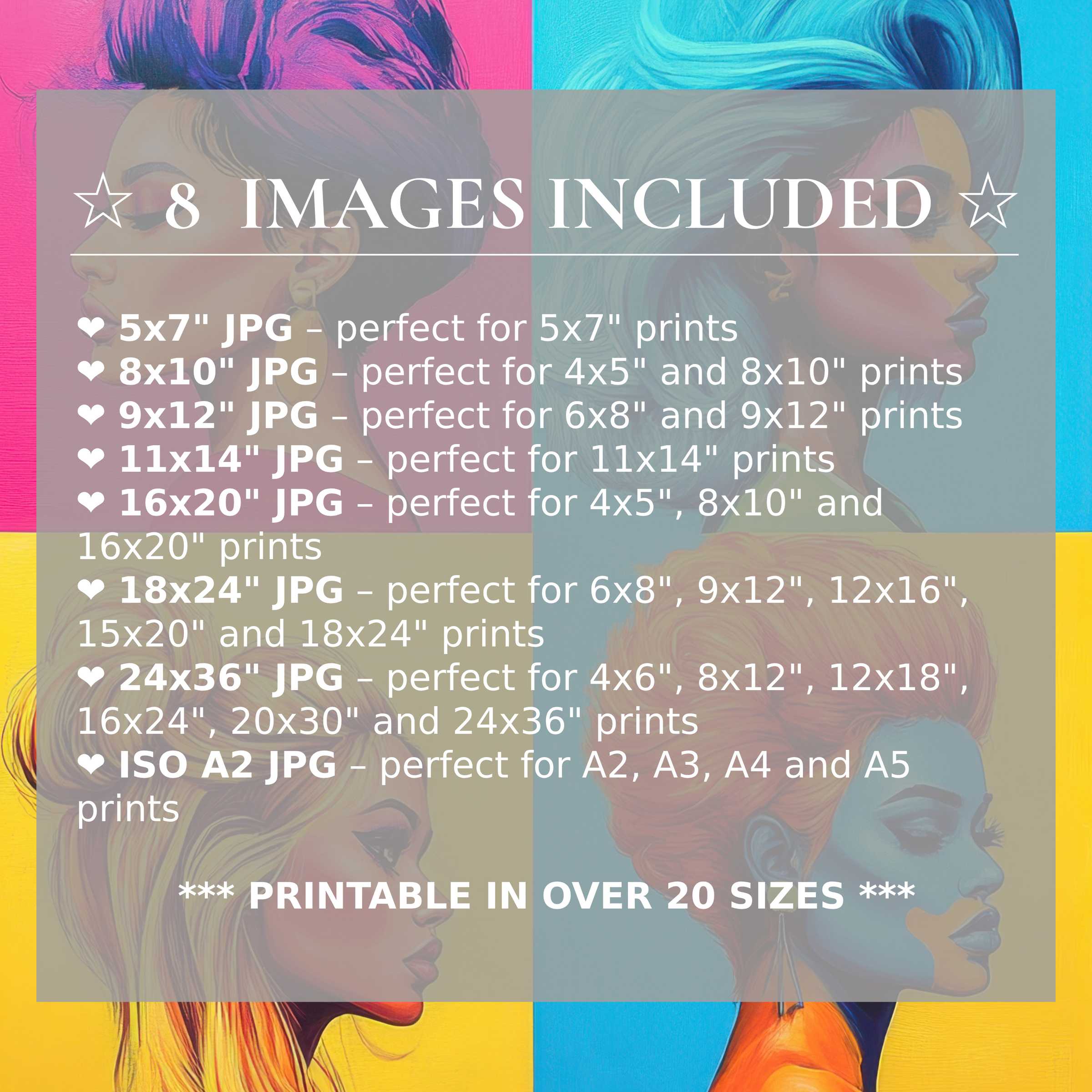 Radiant pop art digital print with bold pink, blue, gold, and yellow hues, offered in 8 high-quality sizes included, ideal for elevating modern interiors with versatile, stylish decor