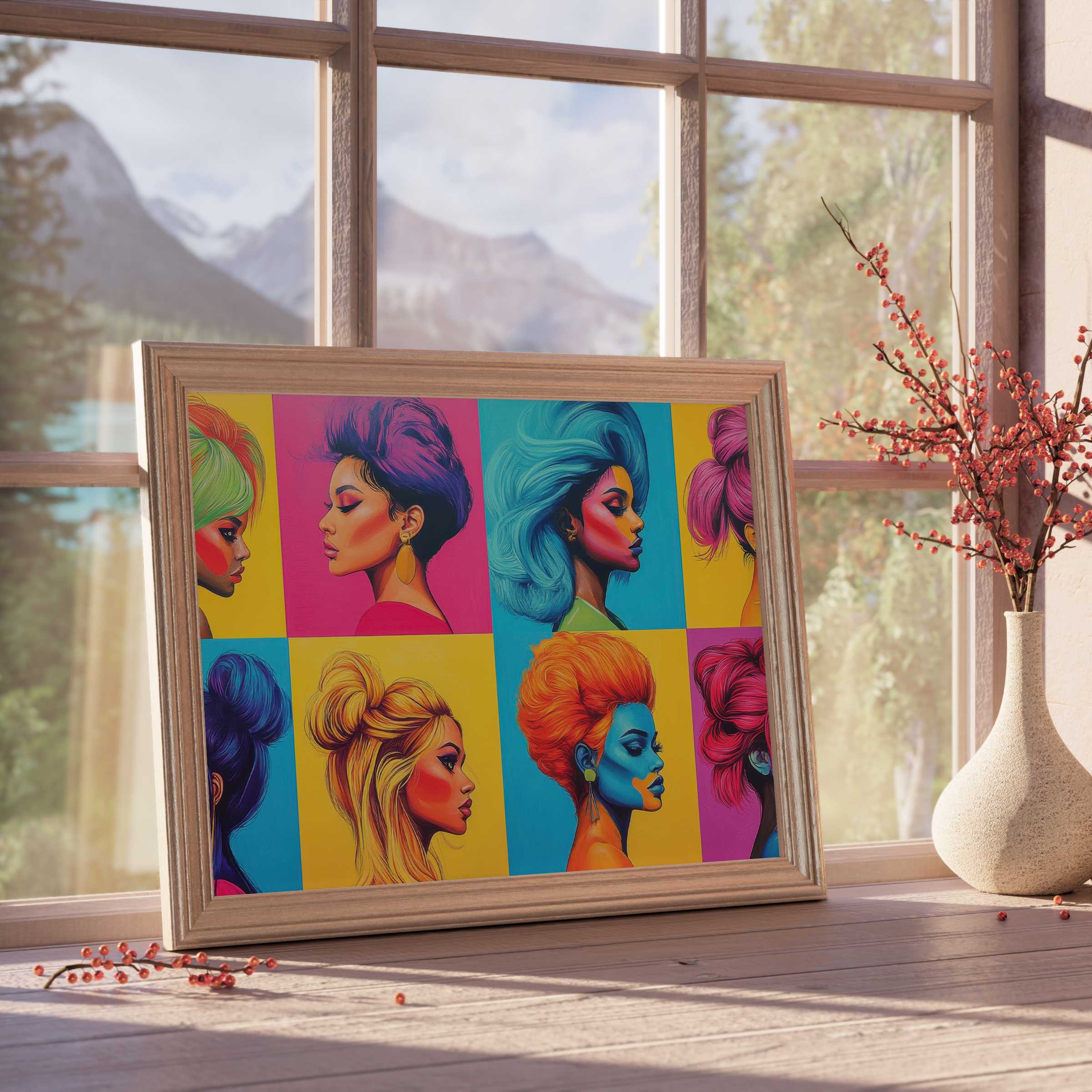 Pop art downloadable art featuring vibrant, stylized female portraits, elevating curated interiors with bold, elegant energy