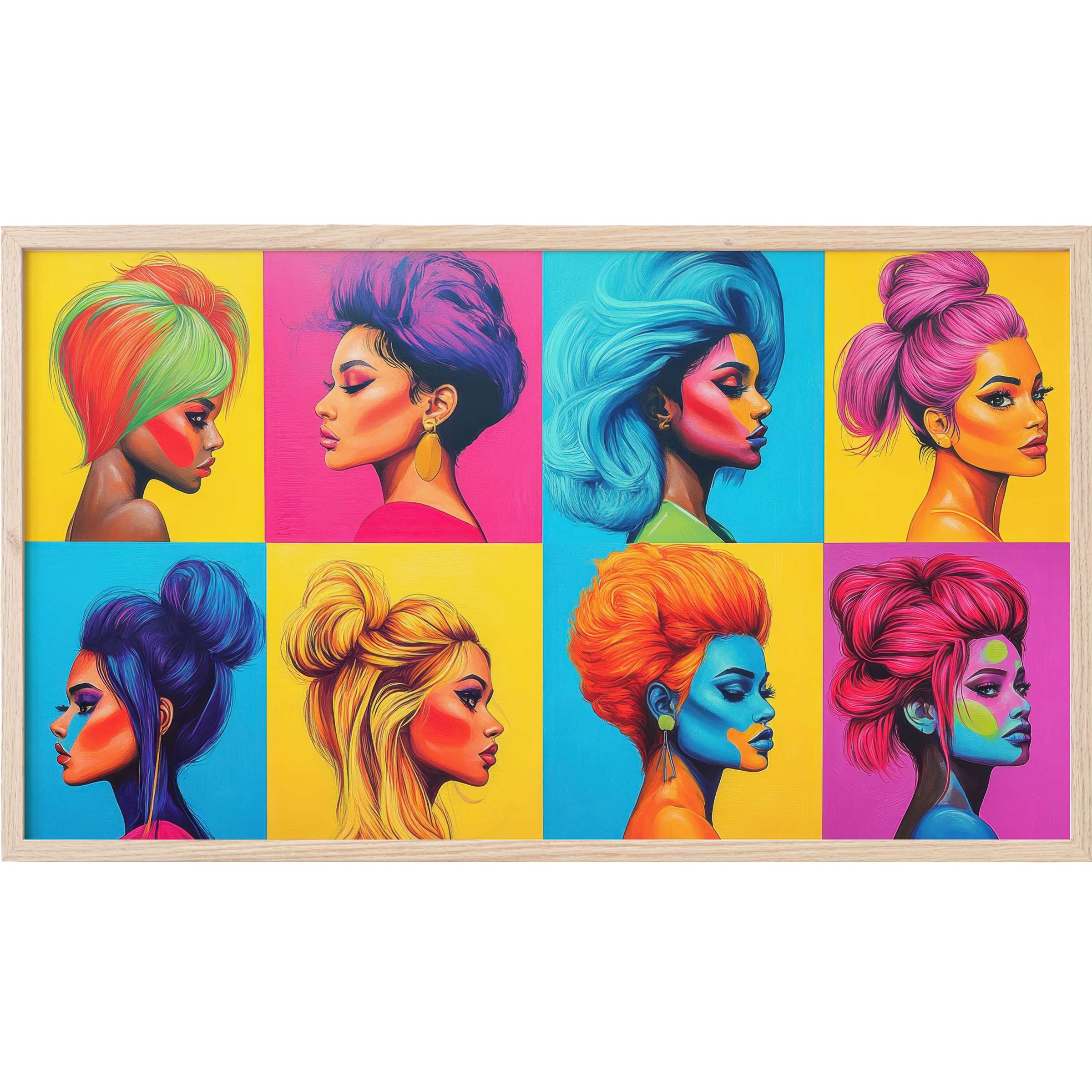Pop art Frame TV Art featuring eight vibrant female profiles in bold neon hues and contrasting backgrounds