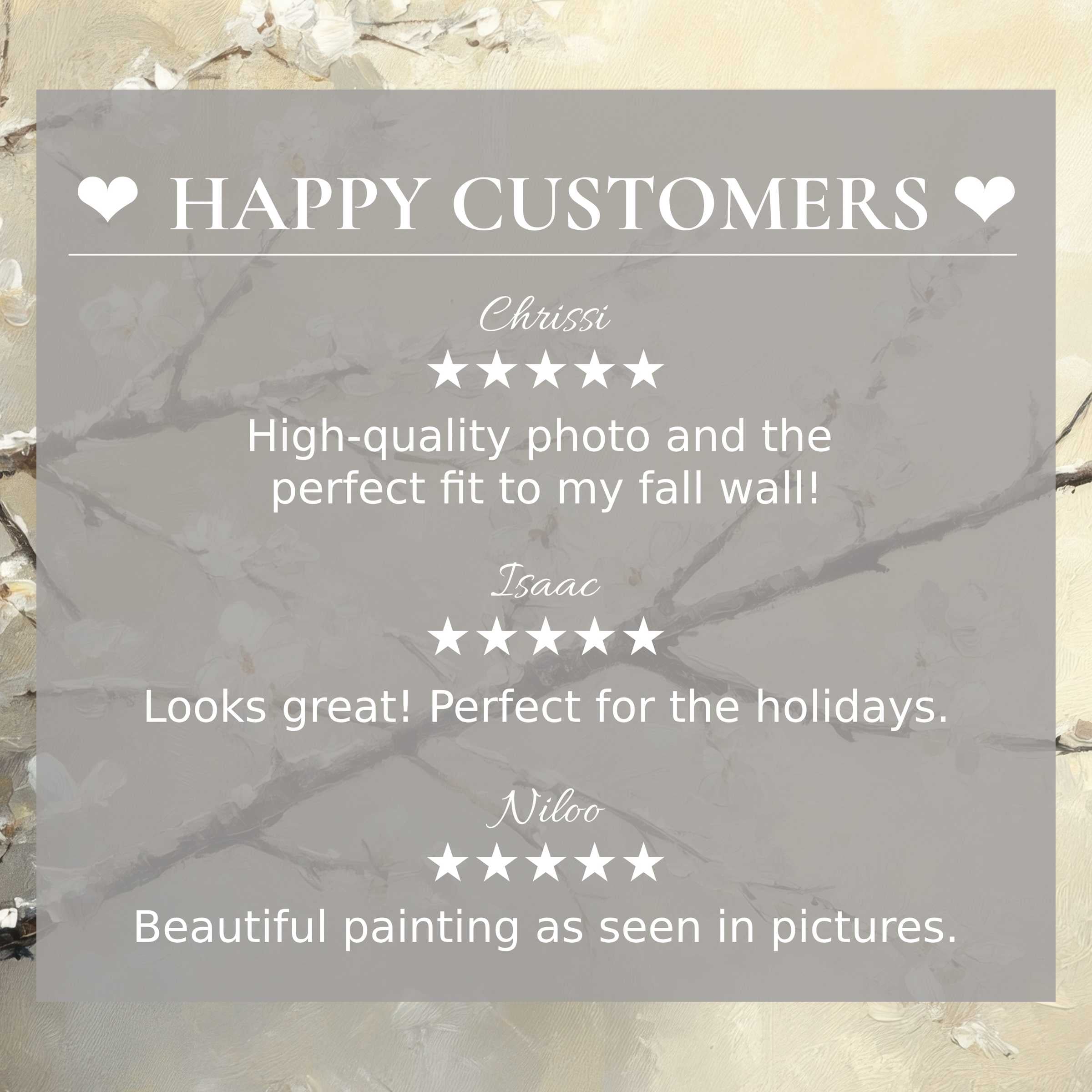 Winter art for Frame TV with delicate floral background; layout highlights happy customer reviews fostering trust and elegance