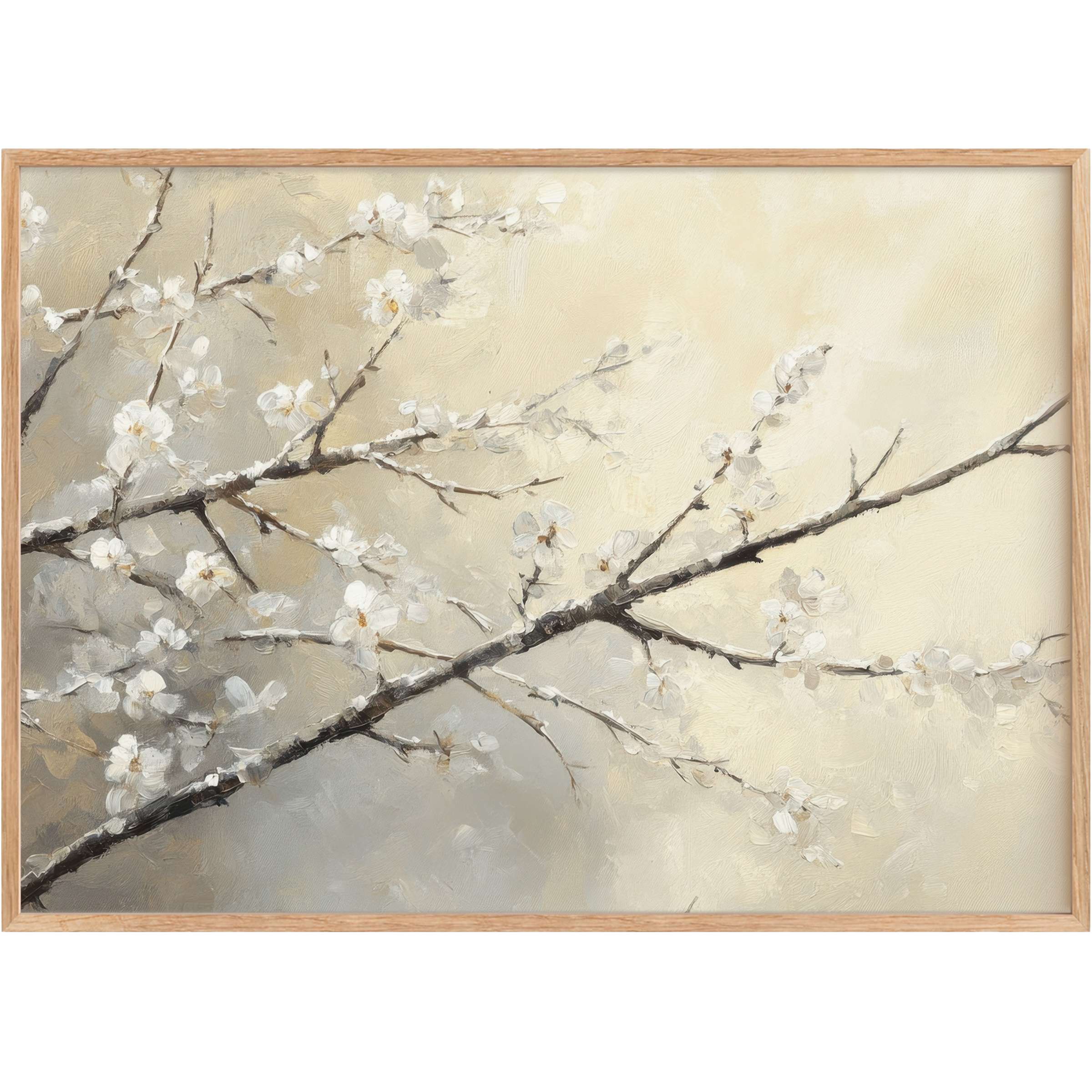 Winter printable wall art capturing delicate white blossoms on muted branches, evoking serene, elegant calm with soft beige and gray tones