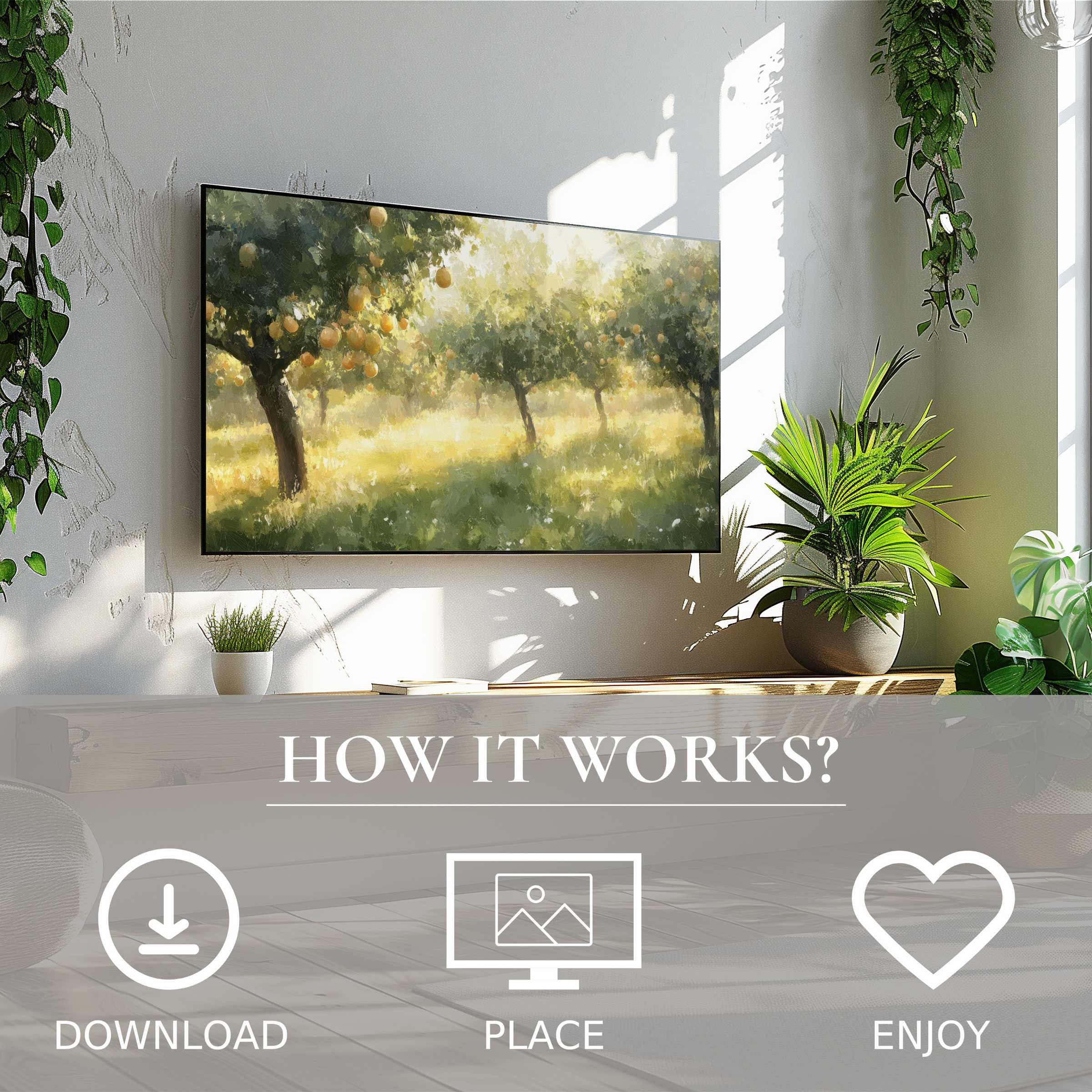 Trees Frame TV Art depicts a luminous orchard scene on a sleek TV, blending nature with refined modern decor