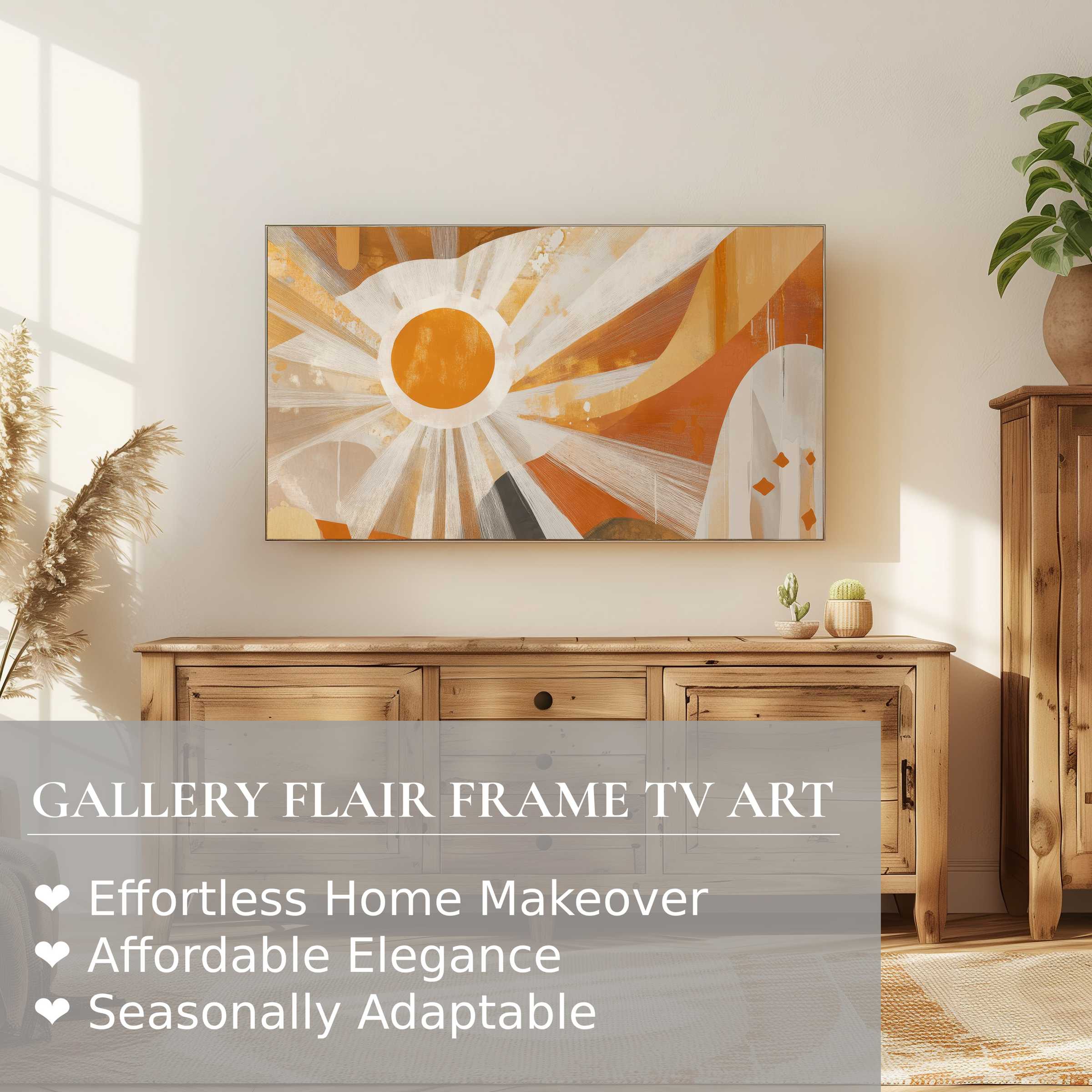 Modern boho digital artwork on Samsung Frame TV brightens a cozy, natural wood interior with warm, earthy tones