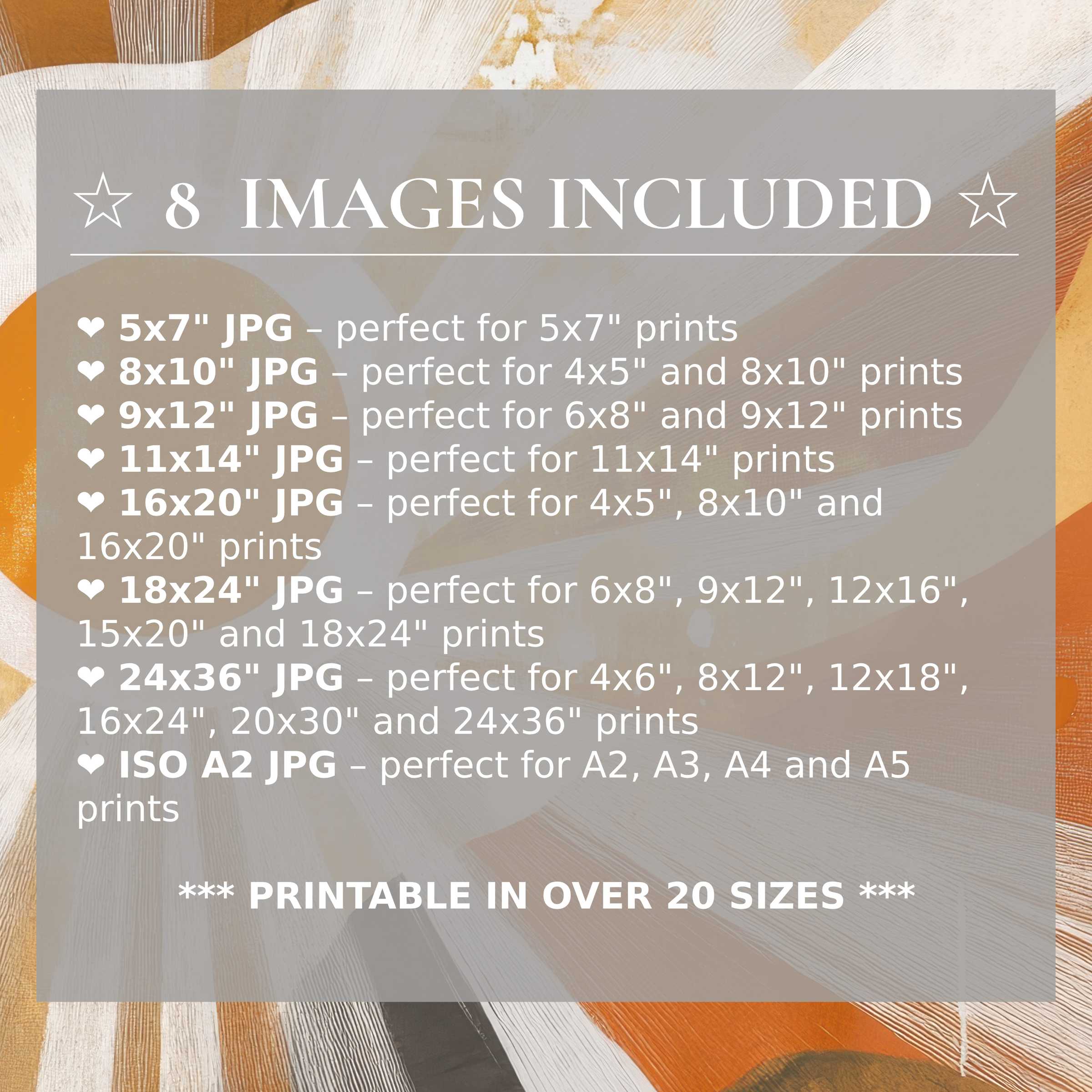 Radiant boho digital print in warm oranges, golds, and neutrals, elevating modern interiors with effortless style; includes 8 high-res sizes