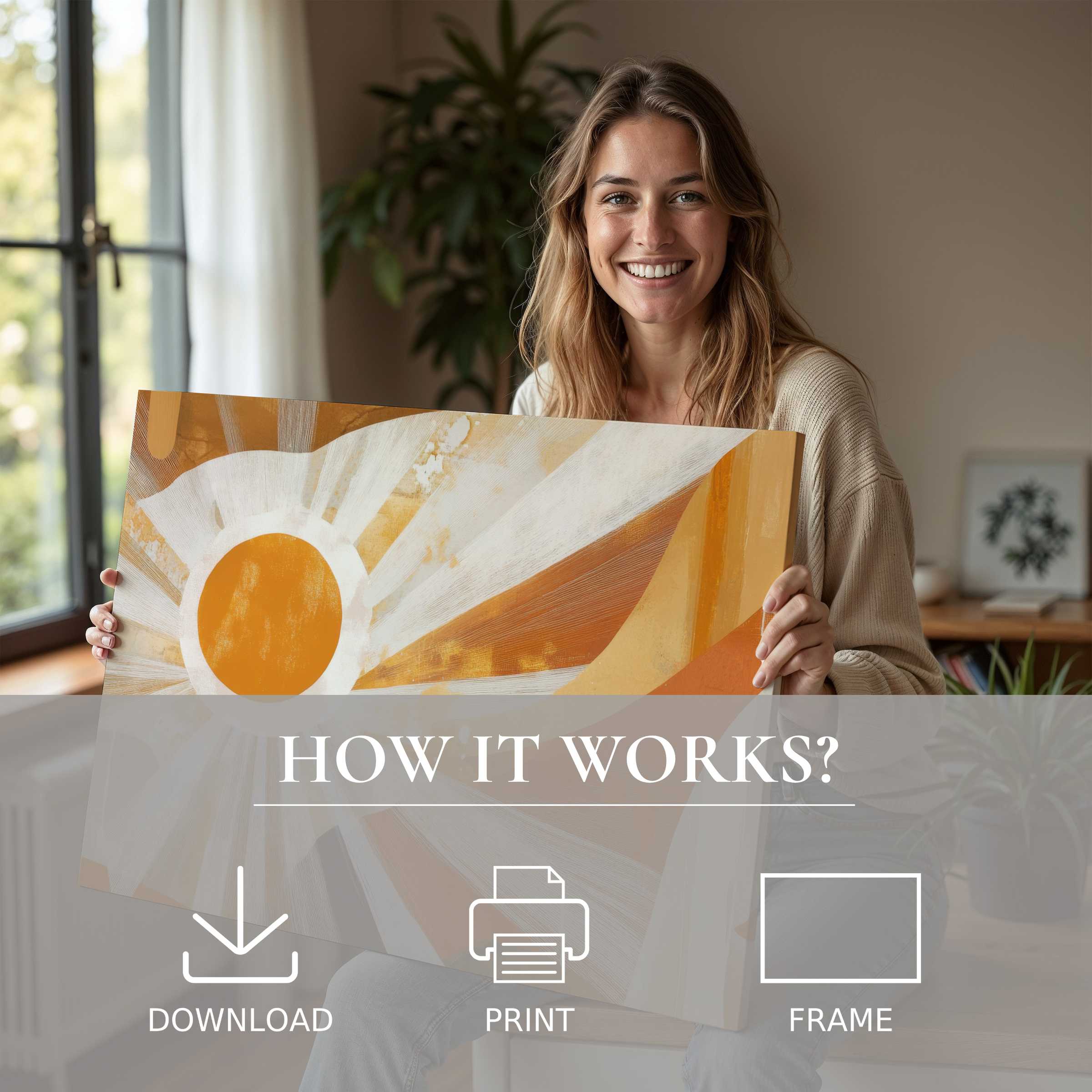 Boho digital art print radiates warmth and joy, capturing serene, joyful moments in chic modern homes