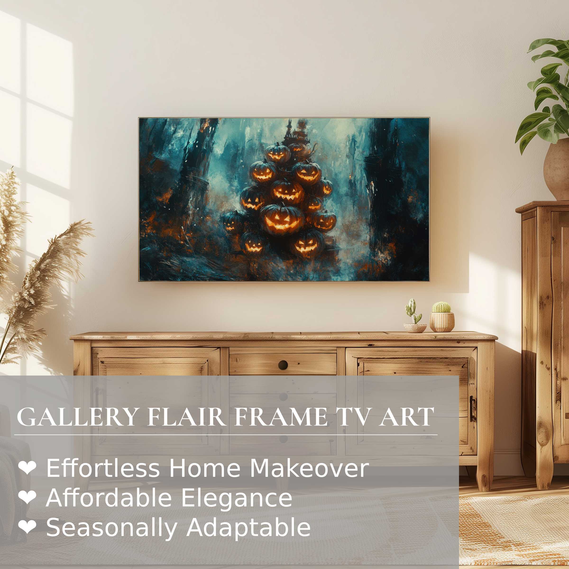 Samsung Frame TV displaying elegant halloween digital artwork with glowing jack-o'-lanterns in a modern setting