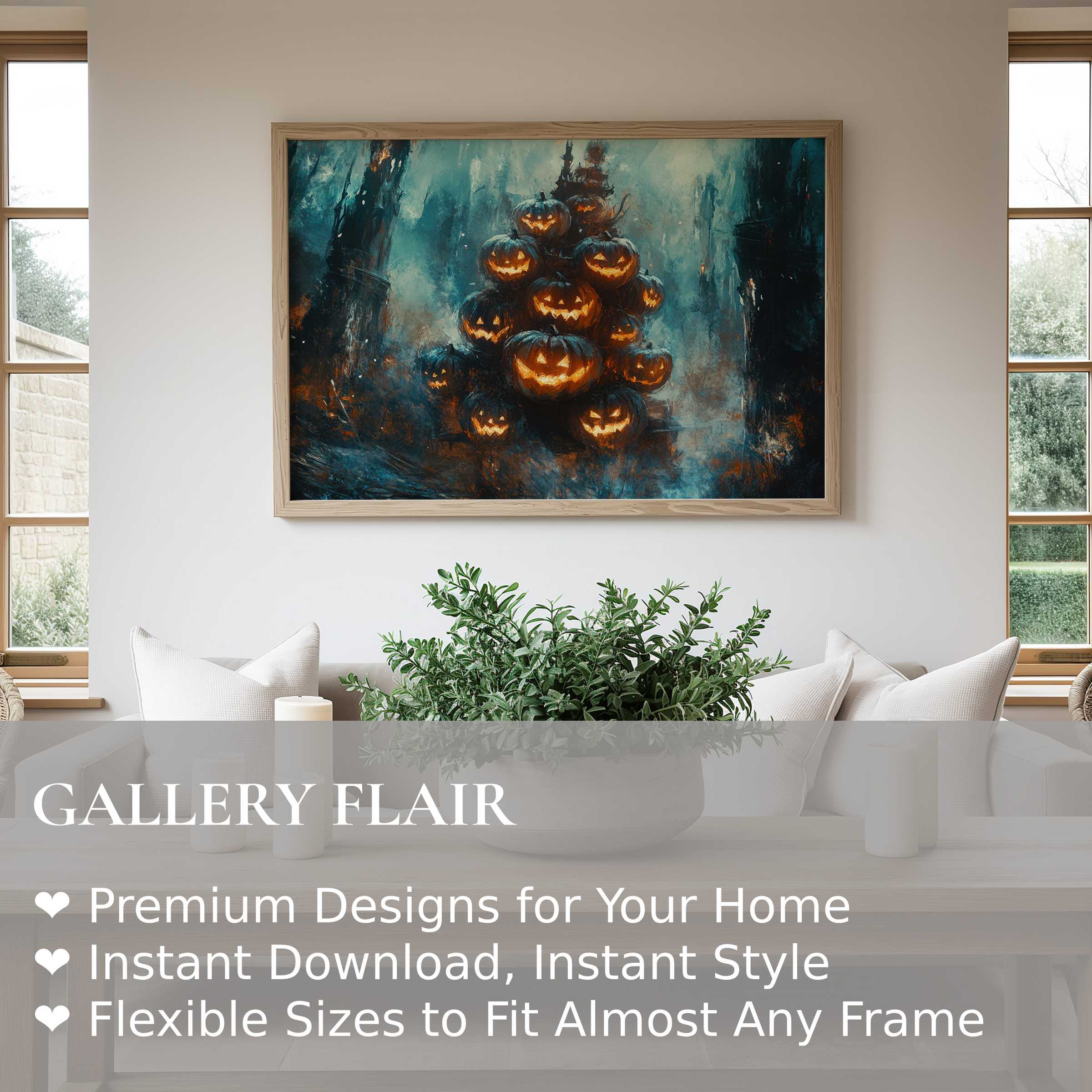 Halloween wall art print with glowing jack-o'-lanterns in a moody forest scene, enhancing modern minimalist interiors with bold seasonal charm