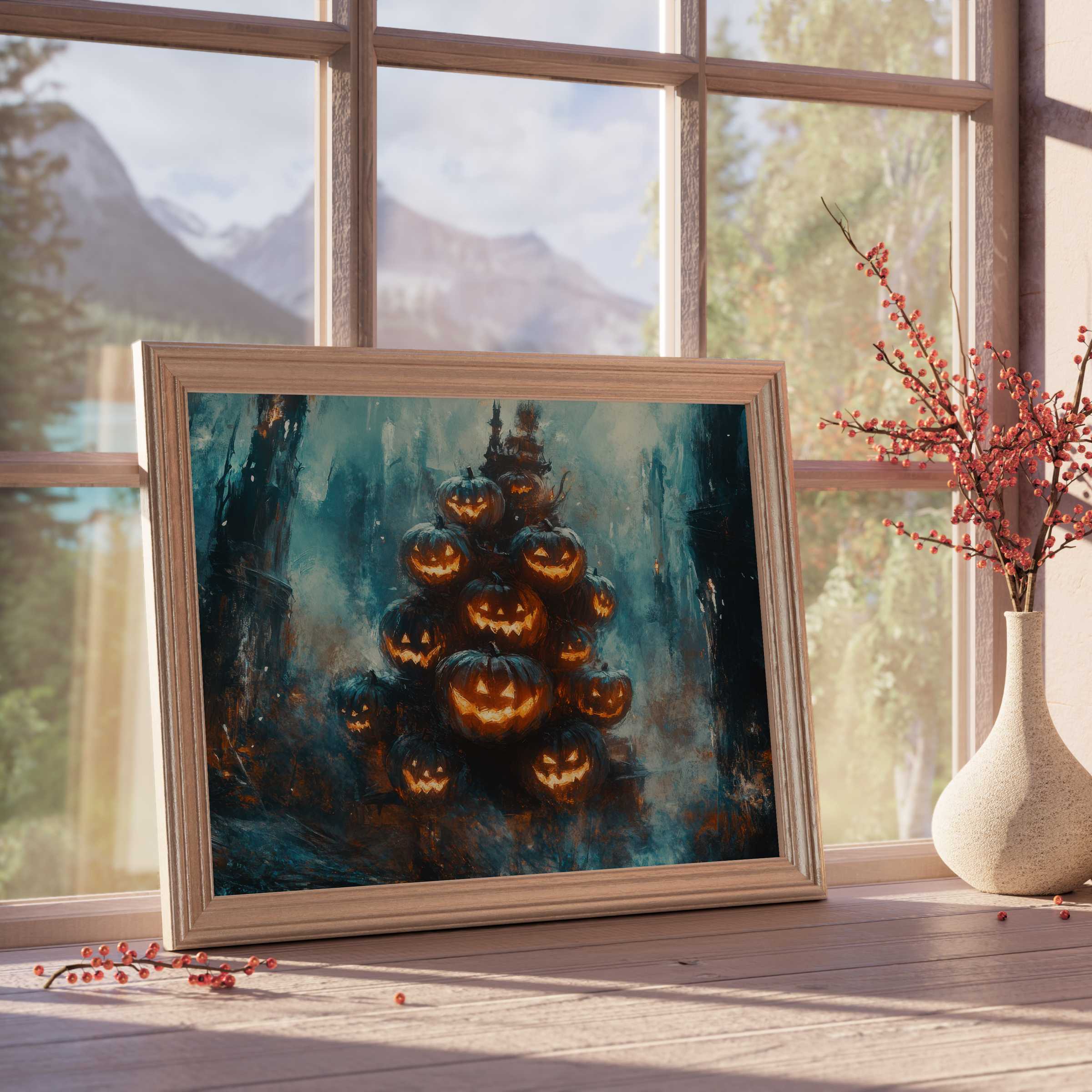 Halloween downloadable art featuring a hauntingly elegant pumpkin pyramid, radiating warm autumnal glow for curated, tranquil interiors