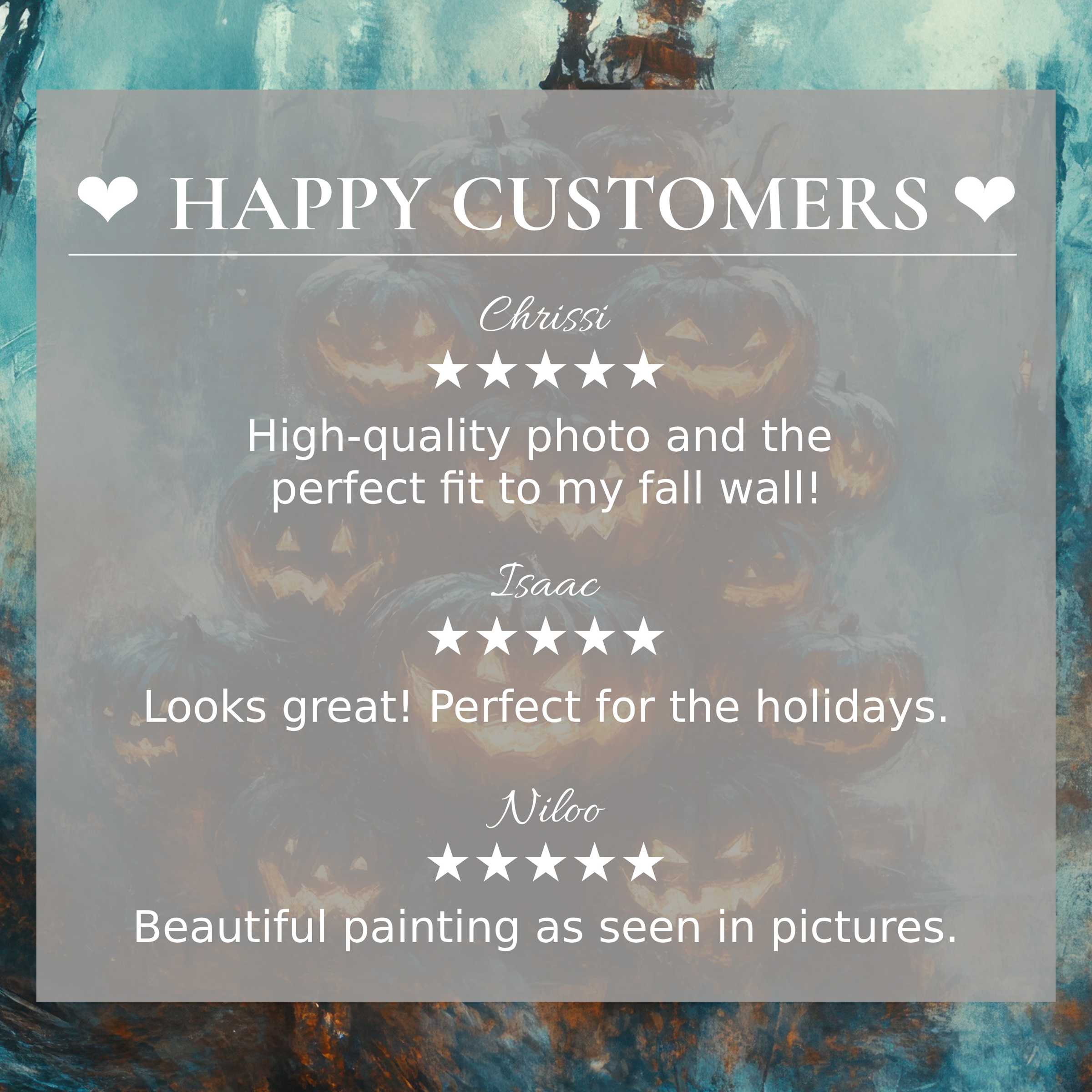 Halloween art for Frame TV with abstract blue-orange background; happy customer reviews build trust and showcase elegance