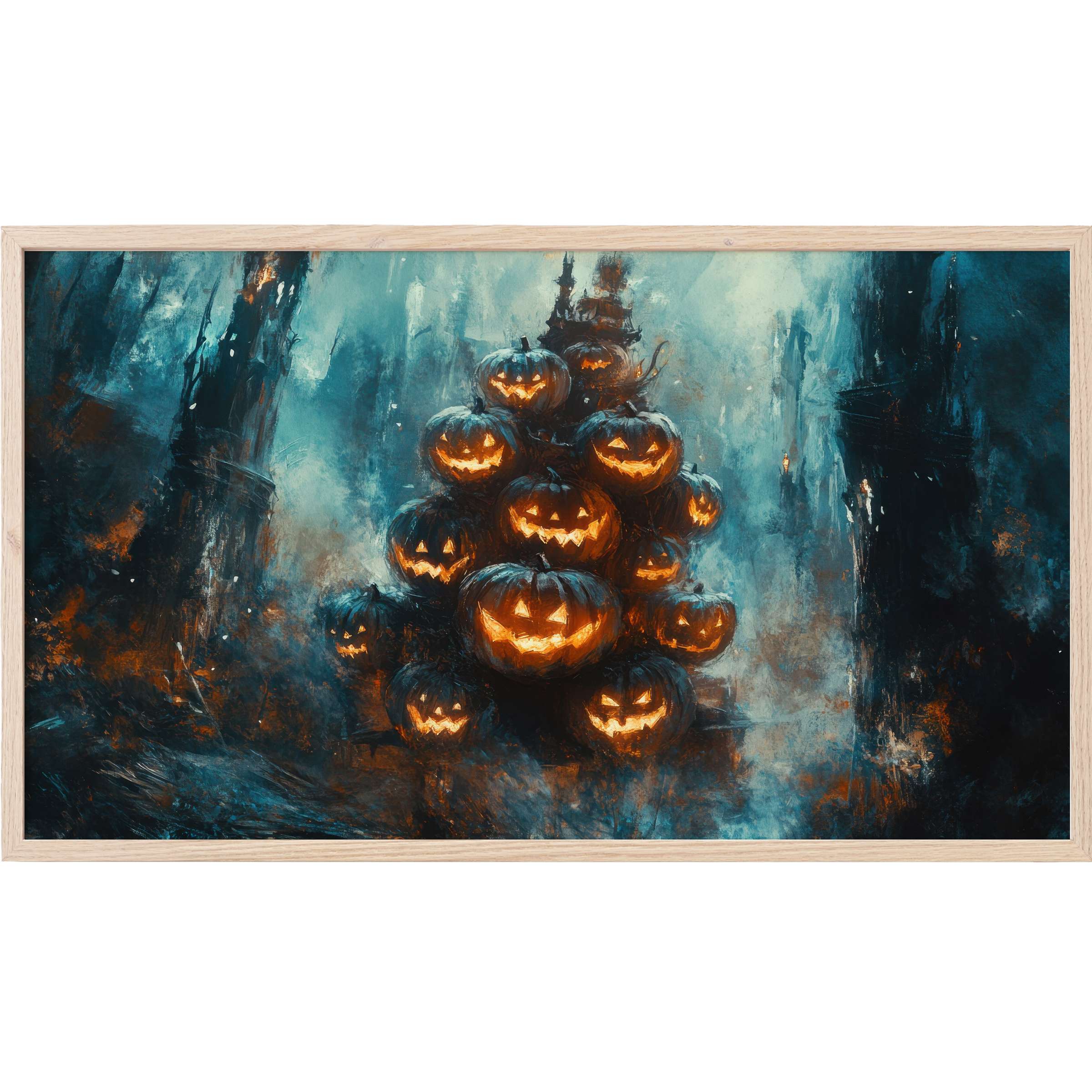 Dark, moody blue and orange glowing jack-o'-lantern pumpkins stacked in eerie landscape, halloween Frame TV Art