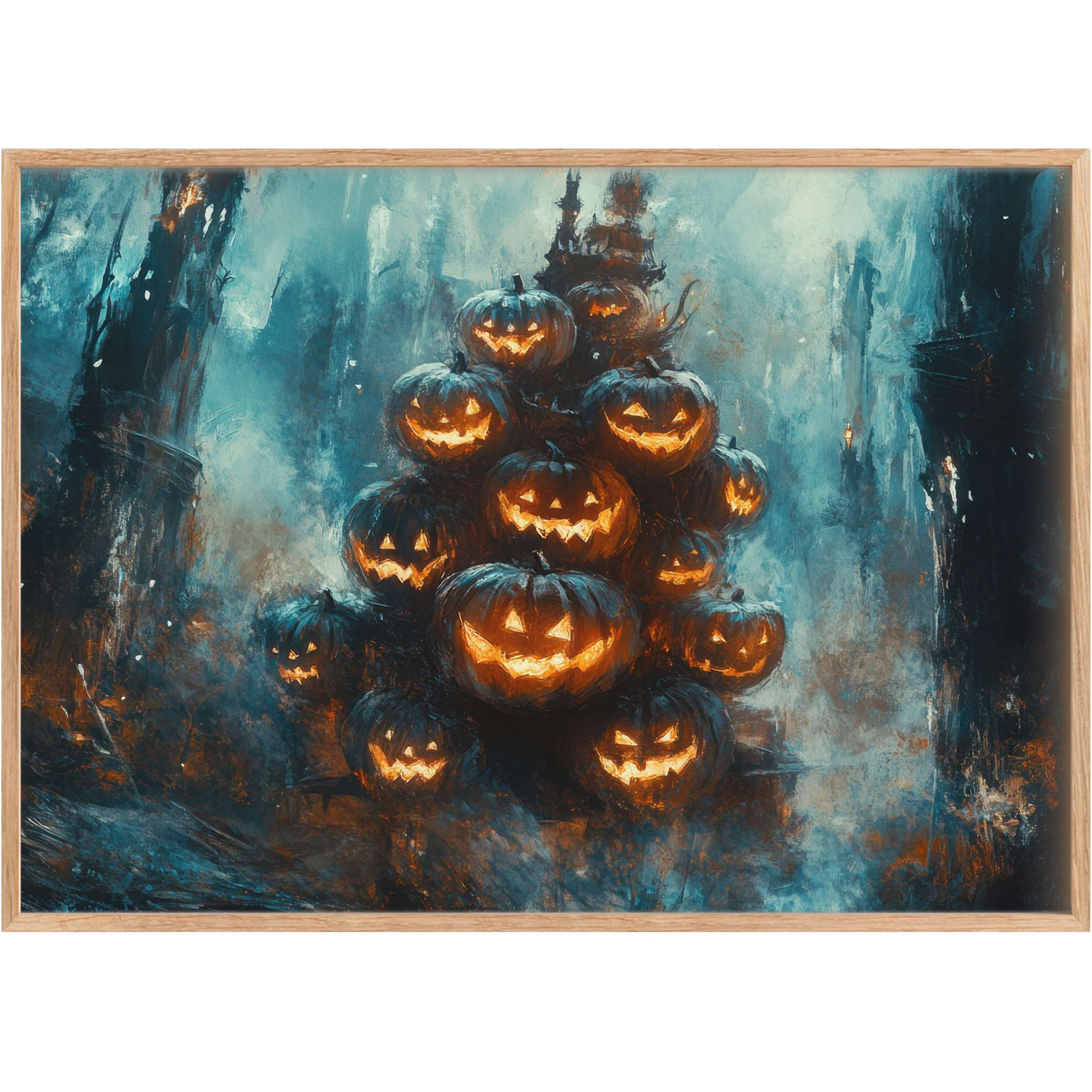 Hauntingly elegant Halloween printable wall art featuring glowing jack-o’-lanterns in misty blues and warm amber, evoking mysterious allure