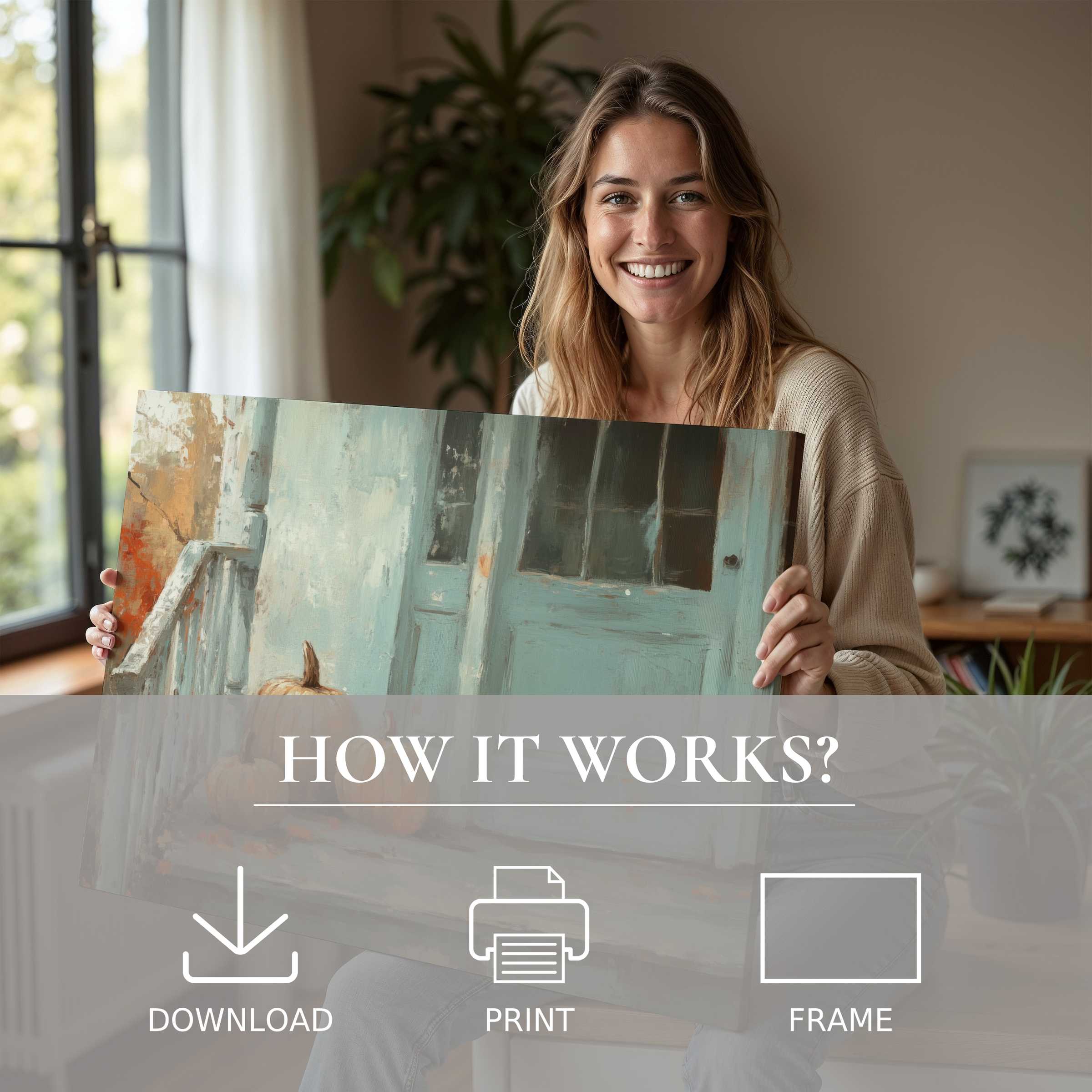 Woman in a serene modern home sharing a fall digital art print that brings warmth and effortless elegance to living spaces