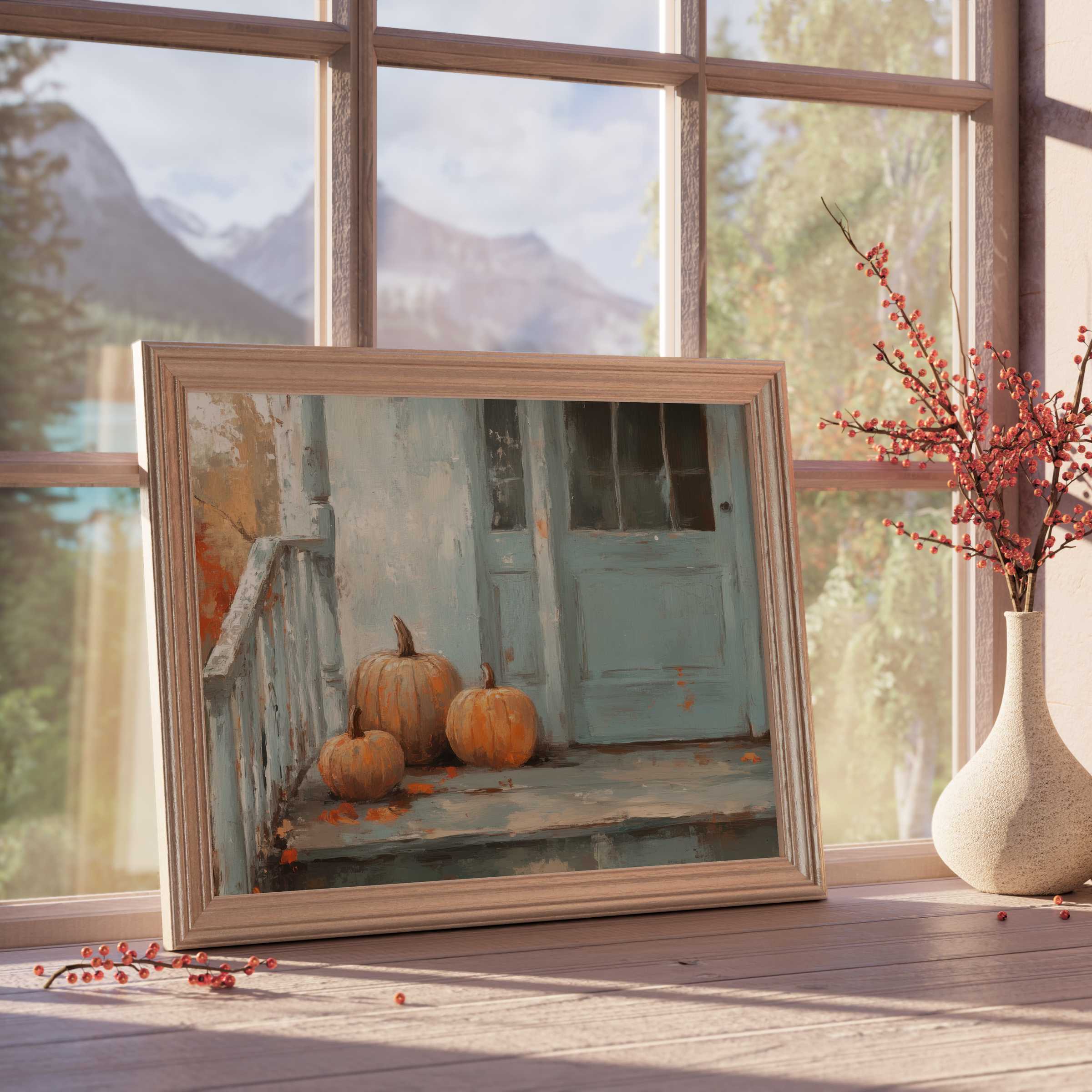 Fall downloadable art capturing rustic charm with warm pumpkins on weathered steps, perfect for curated, tranquil interiors