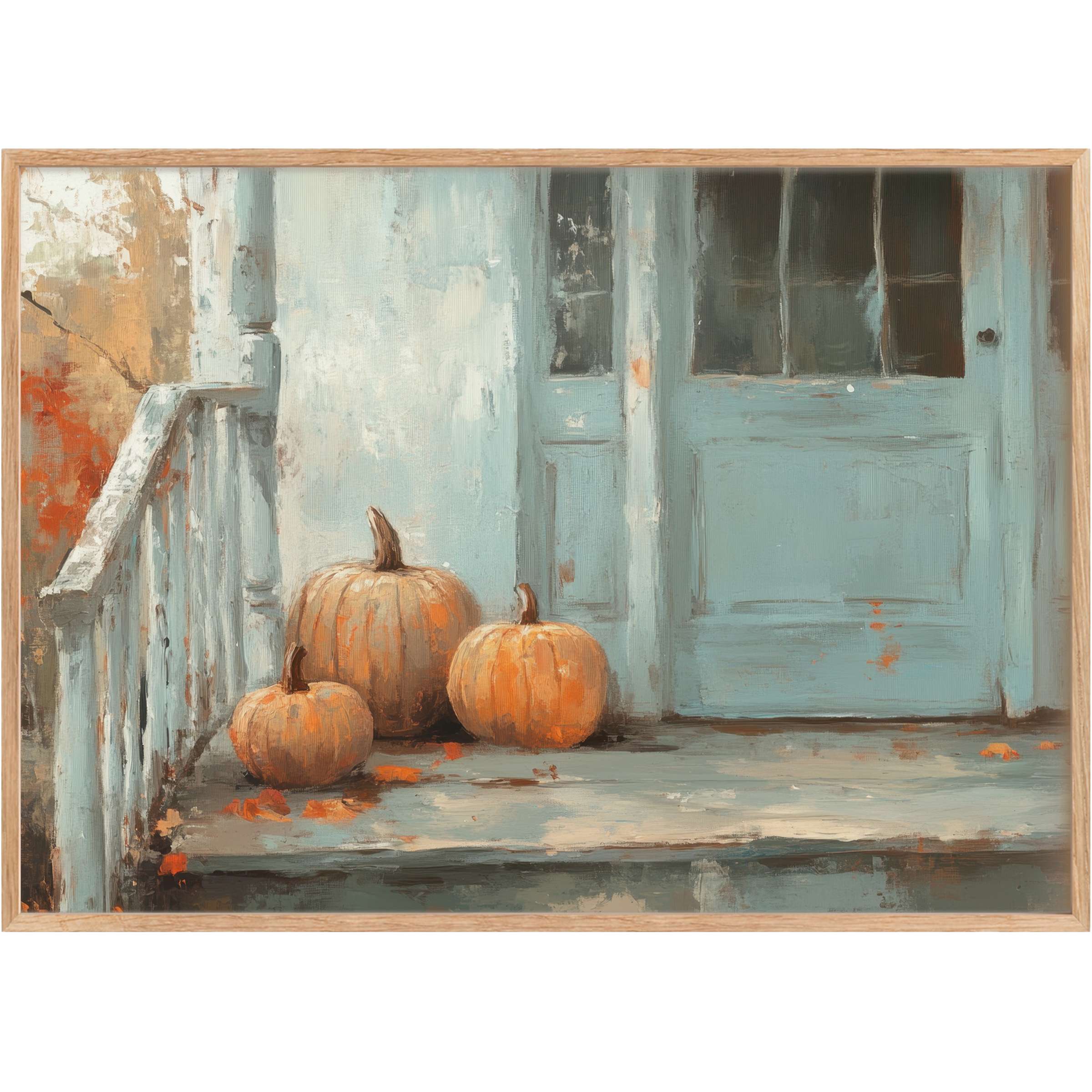 Fall printable wall art capturing rustic tranquility with soft teal tones and warm pumpkin oranges, evoking cozy seasonal charm