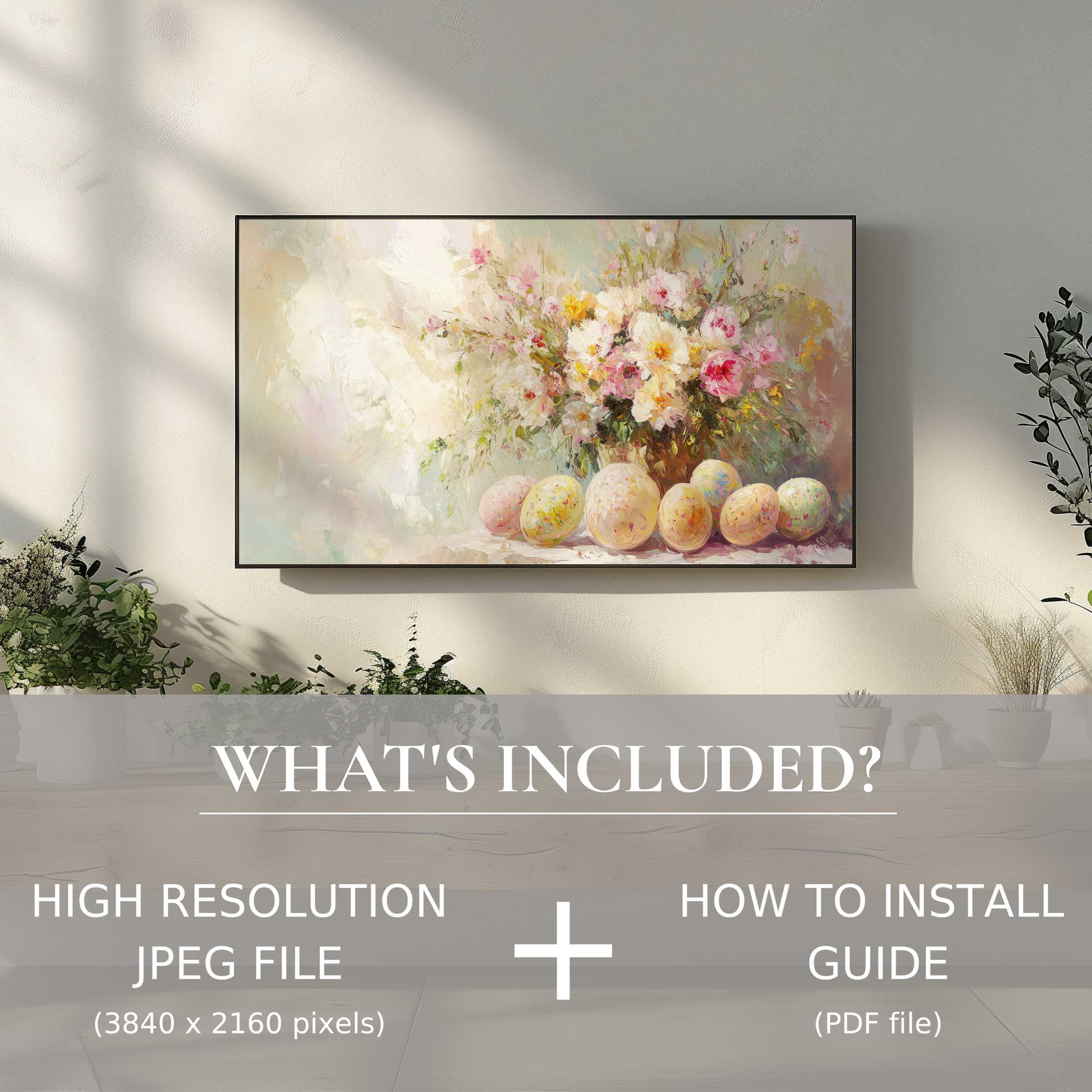 Elegant living space featuring an easter digital TV art download, easy to use, enhancing home ambiance with floral charm