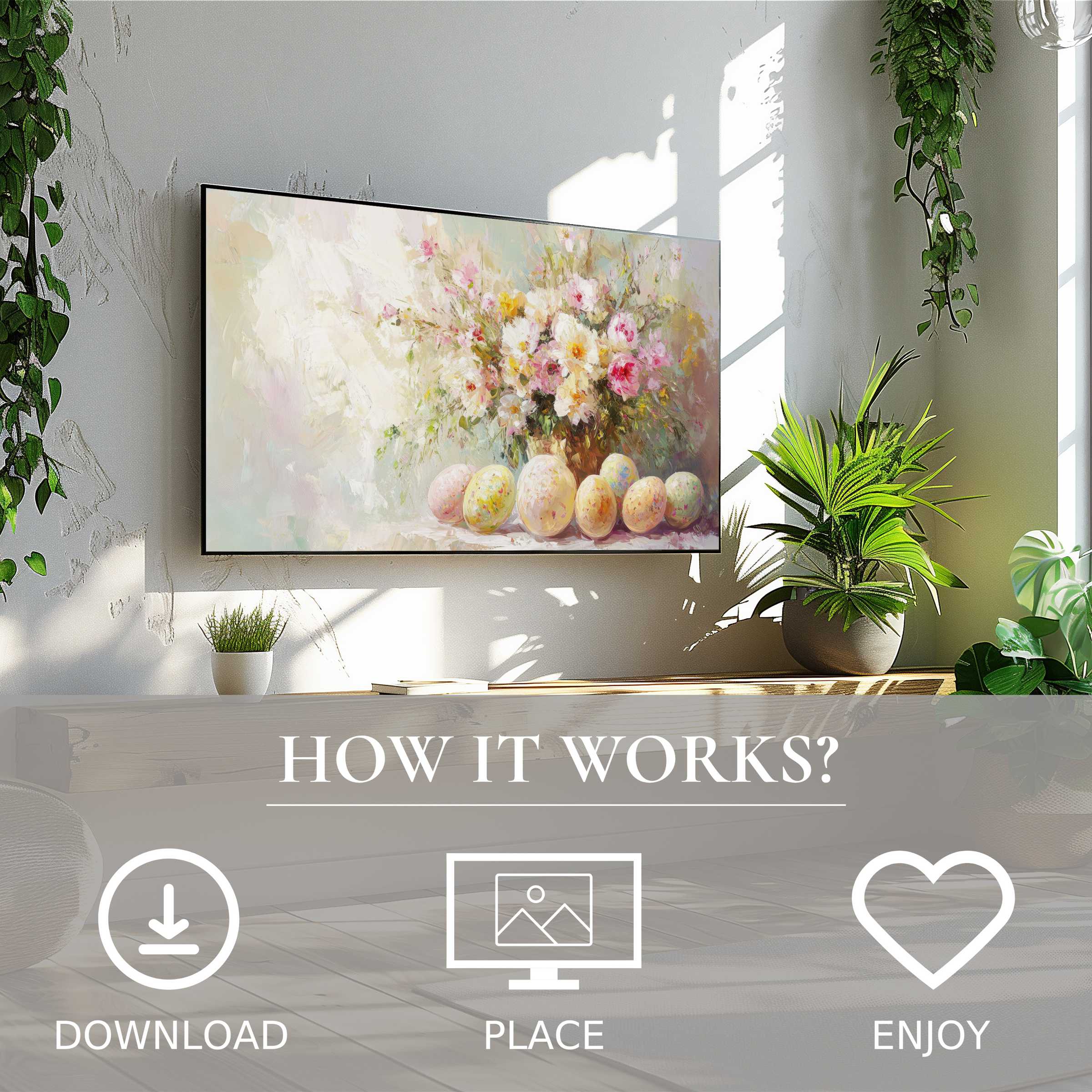 Easter art for Samsung TV: soft floral and speckled eggs in pastel tones, easy digital download enriches sleek living space