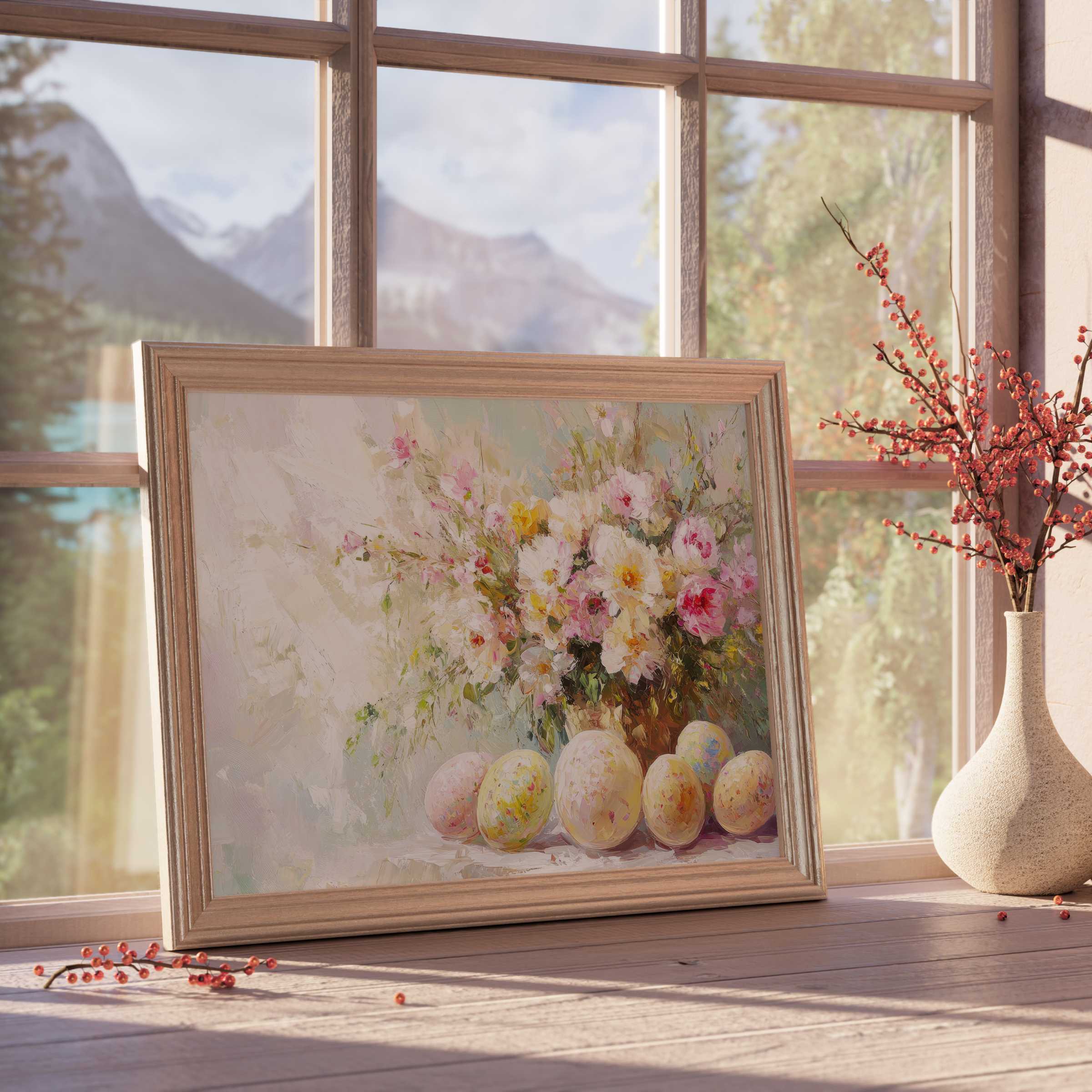 Easter downloadable art featuring soft pastel blooms and eggs, elevating tranquil, curated interiors with refined seasonal charm