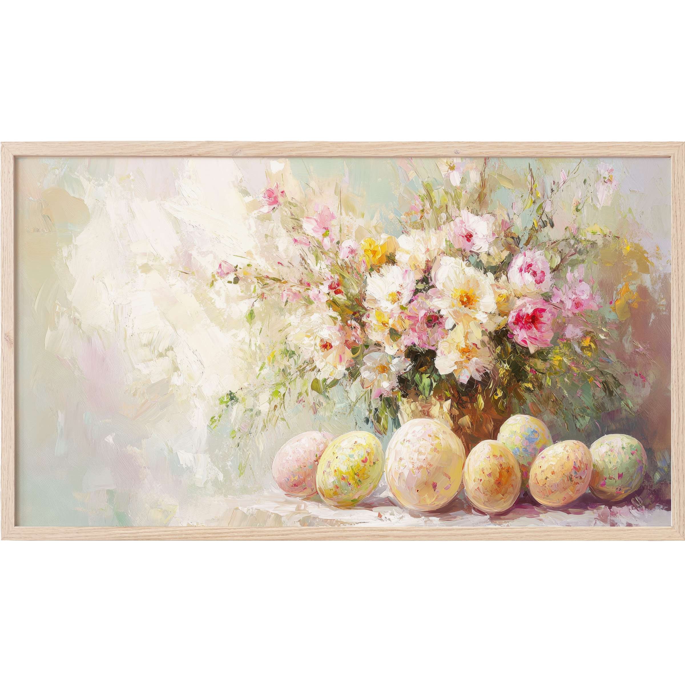 easter Frame TV Art with soft pastel eggs and lush florals in an impressionistic, elegant, modern style