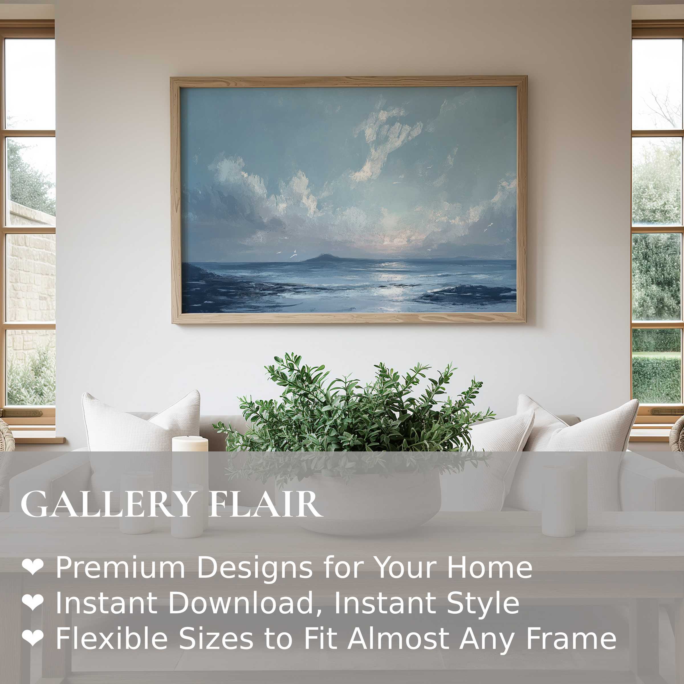 Calm and radiant beach wall art print with soft blue hues enhances serene, modern coastal interiors with timeless elegance
