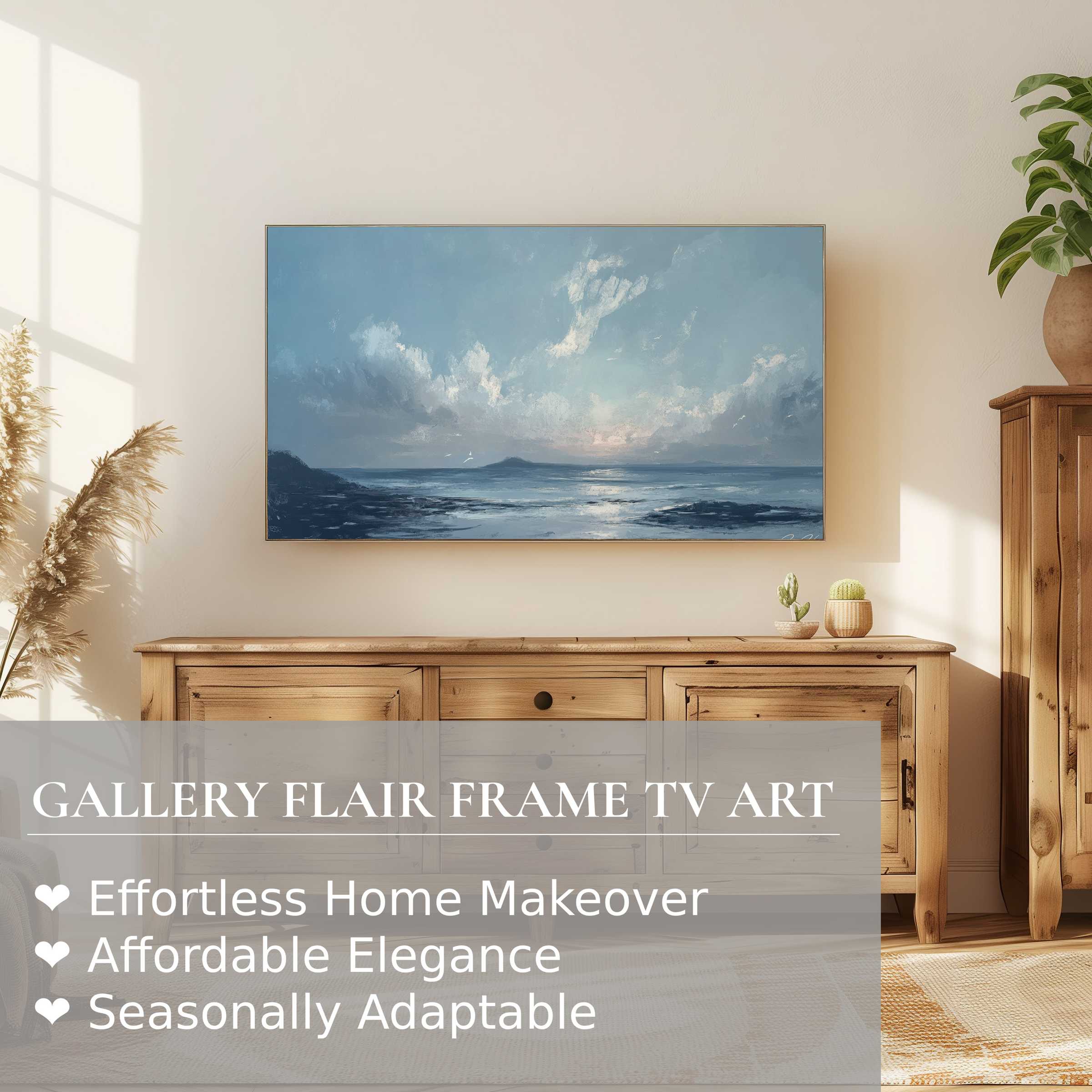 Samsung Frame TV showcasing serene beach digital artwork in a minimalist, sunlit, and natural wood setting