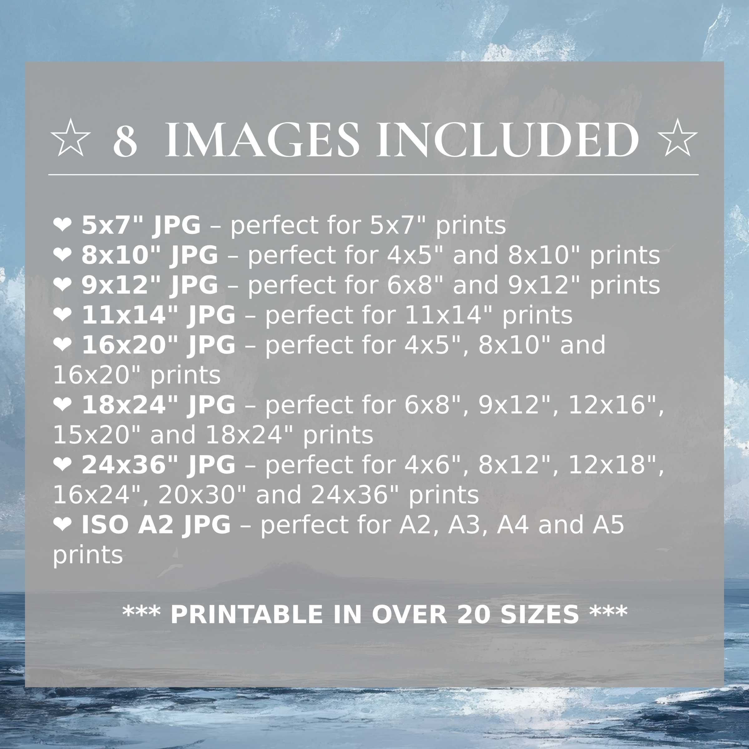 Radiant beach digital print in soothing blues and grays, elevating modern interiors with effortless style; includes 8 high-quality sizes