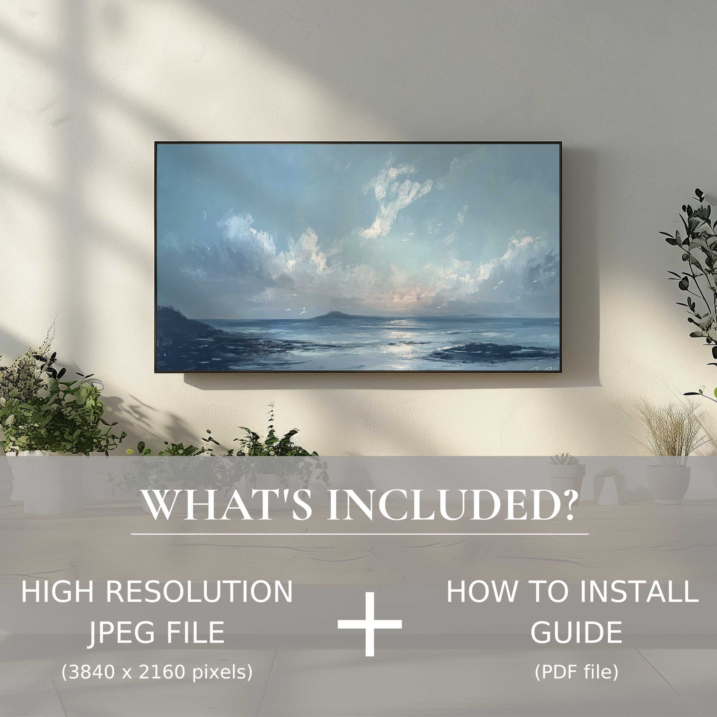 Elegant beach digital TV art download, easy to use, enhances modern living spaces with serene ocean views