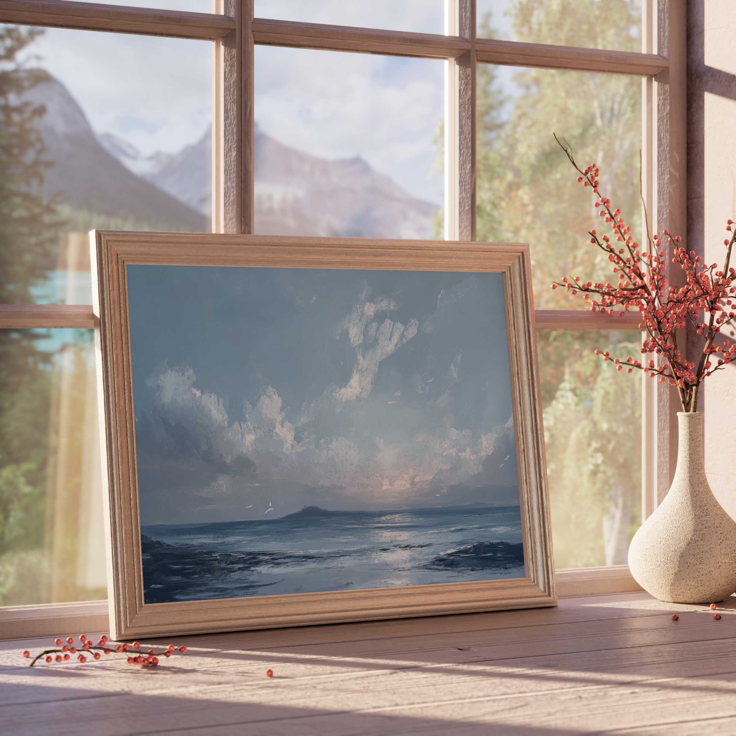Calm beach downloadable art in a refined wooden frame, evoking serene ocean vibes and elevating modern, tranquil interiors