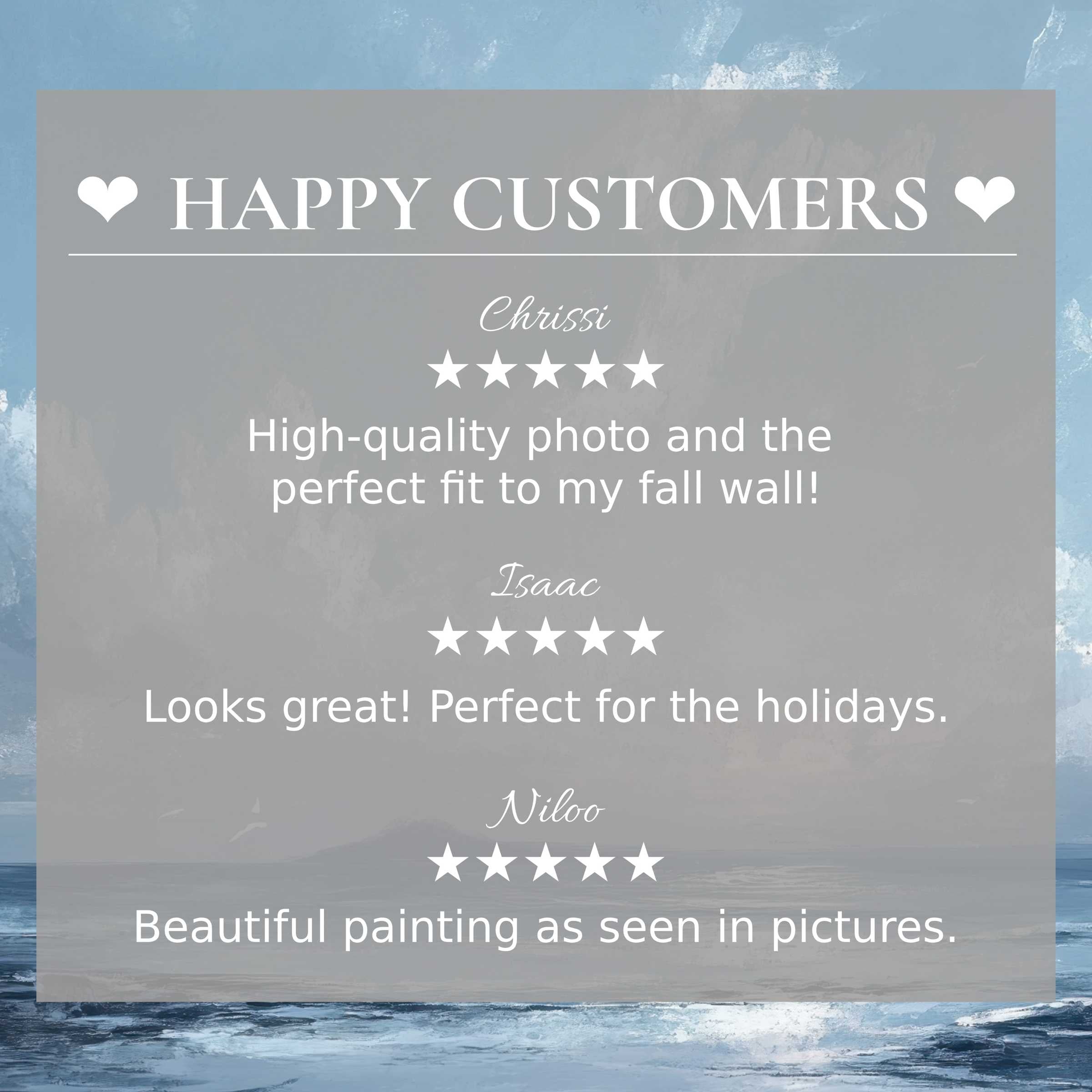 Beach art for Frame TV with abstract ocean hues, showcasing a happy customer and trusted positive reviews