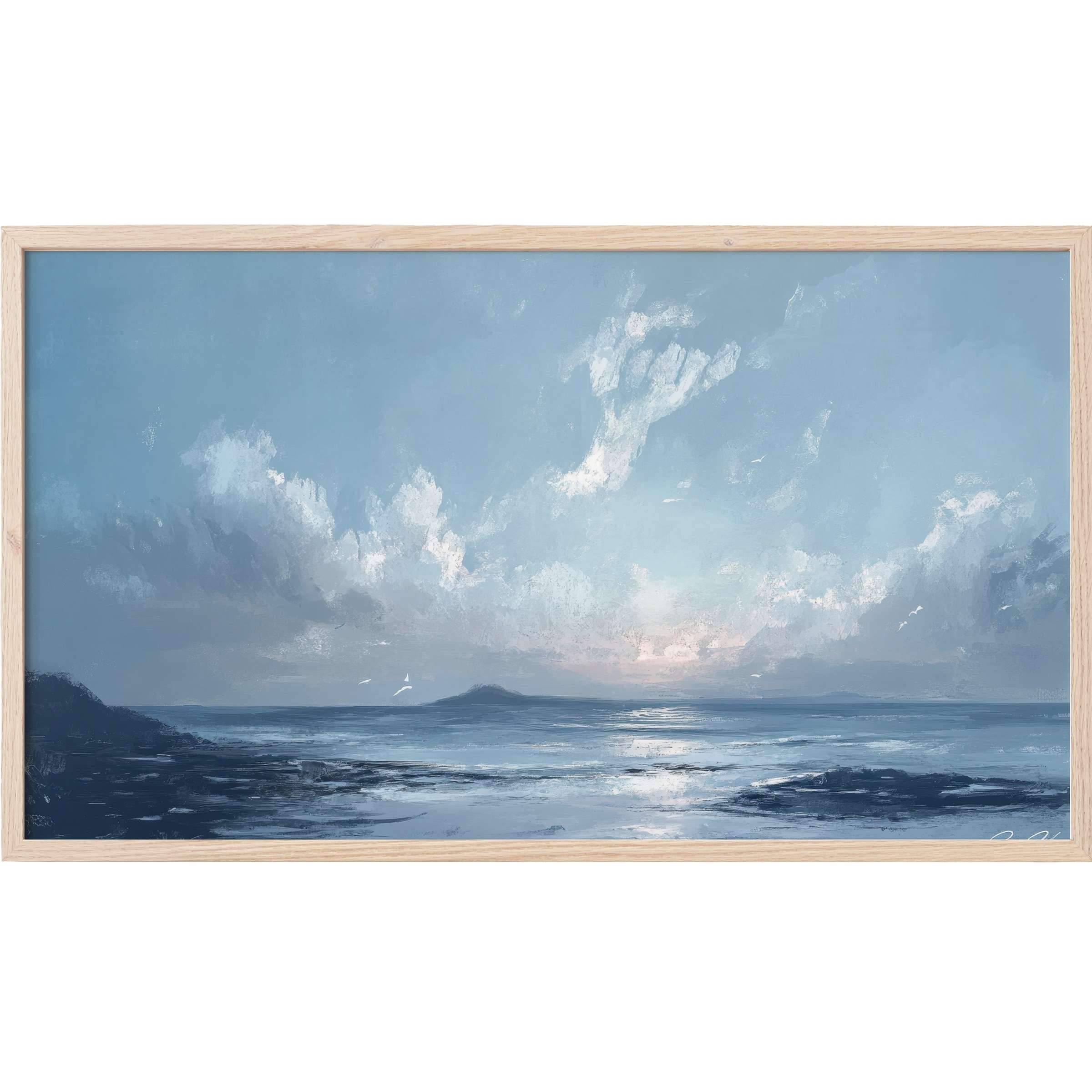 Serene seascape with soft blues and whites, textured clouds and calm waves in elegant beach Frame TV Art