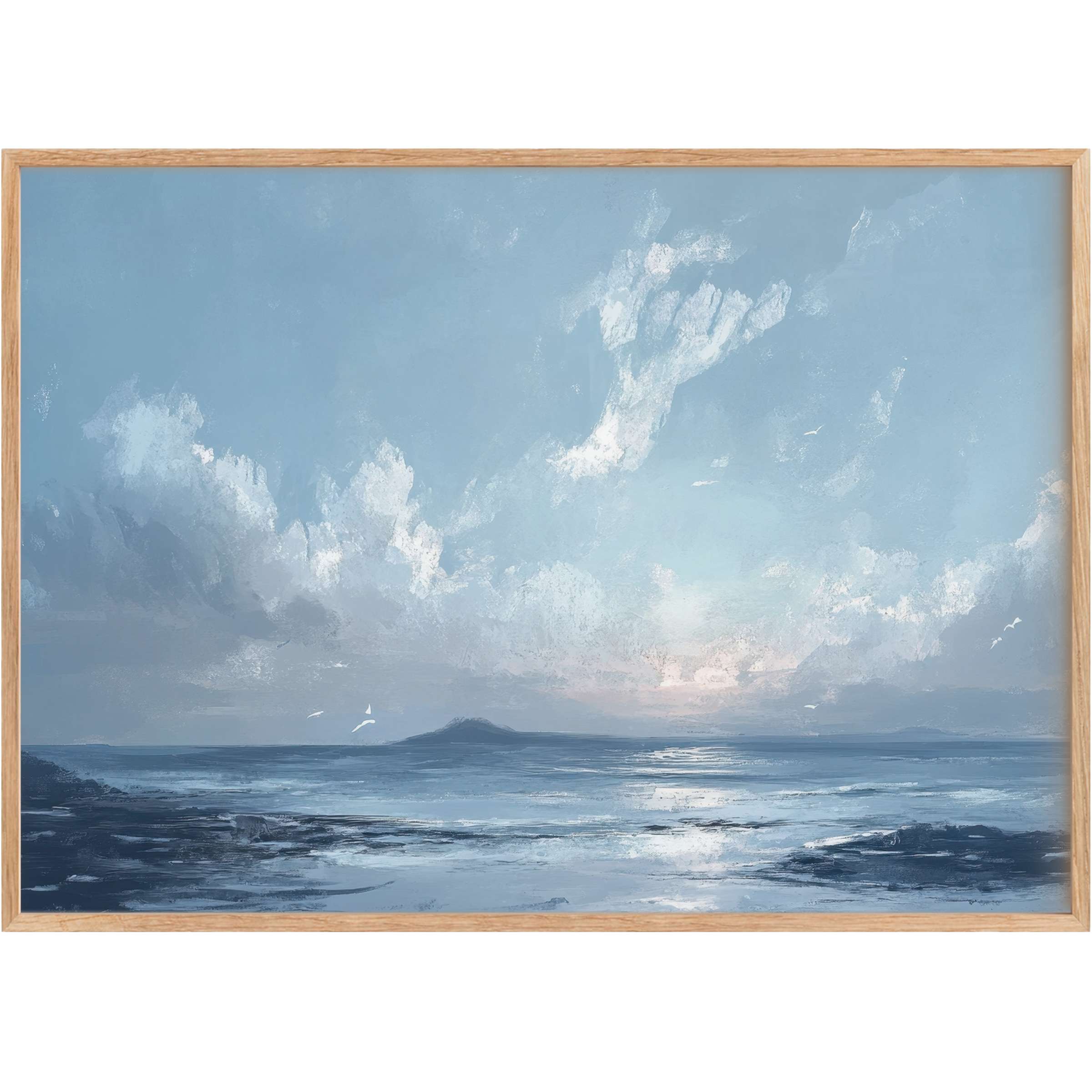 Serene beach printable wall art capturing soft blues and gentle whites, evoking a tranquil, airy coastal escape