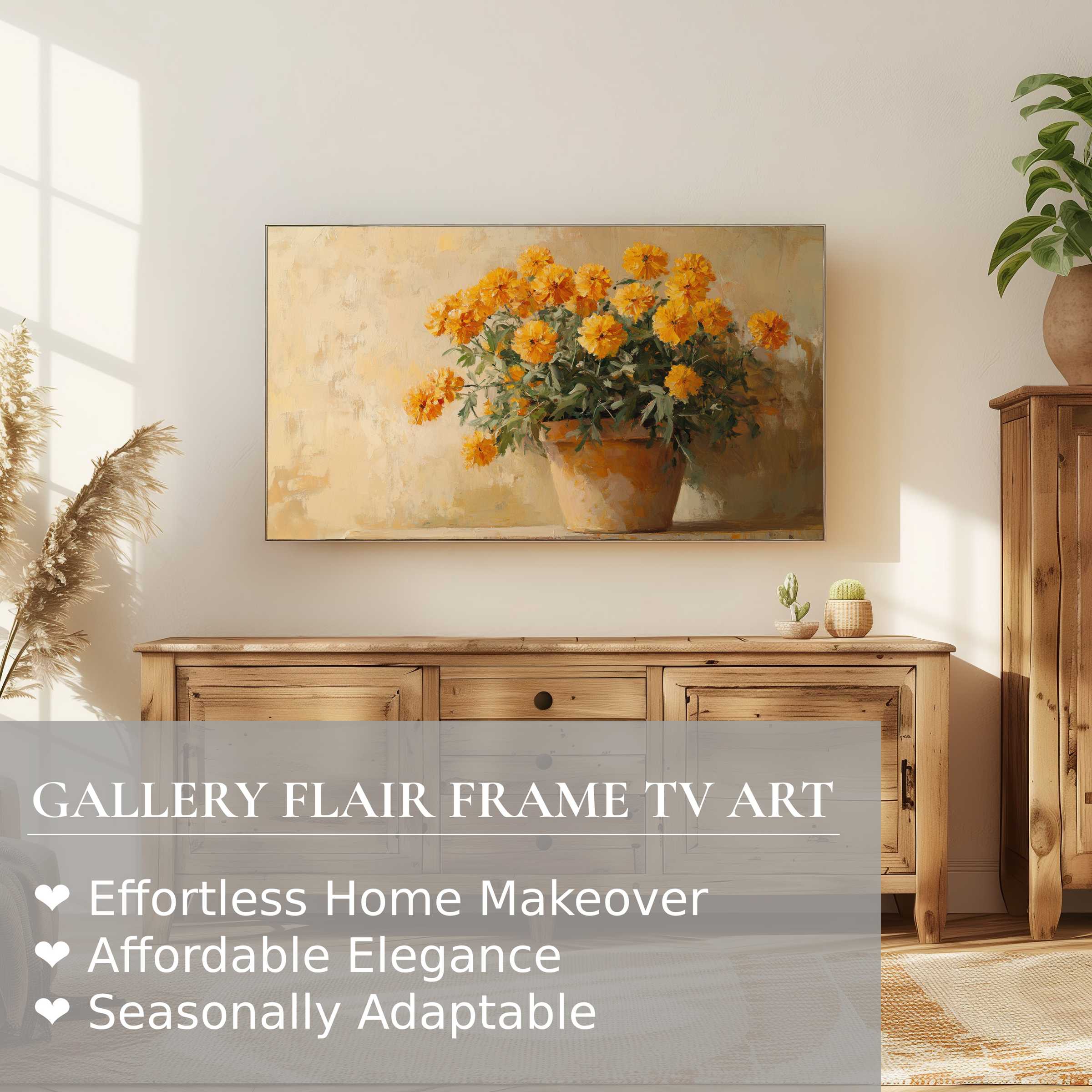 Modern living room with warm wood tones, Samsung Frame TV showcasing botanical digital artwork of marigolds