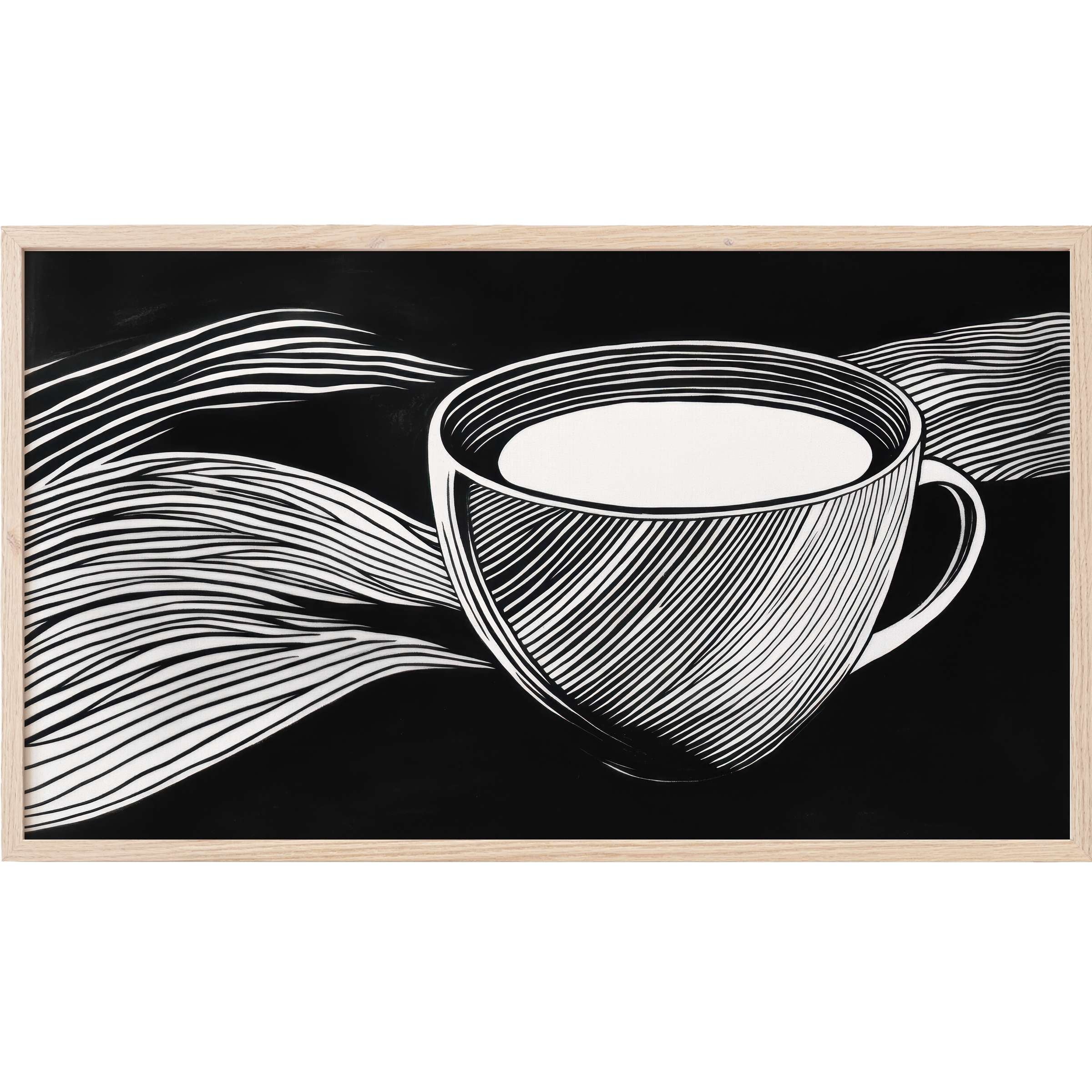 Minimalist black and white Frame TV Art of a cup with flowing striped lines, blending elegance and modern style