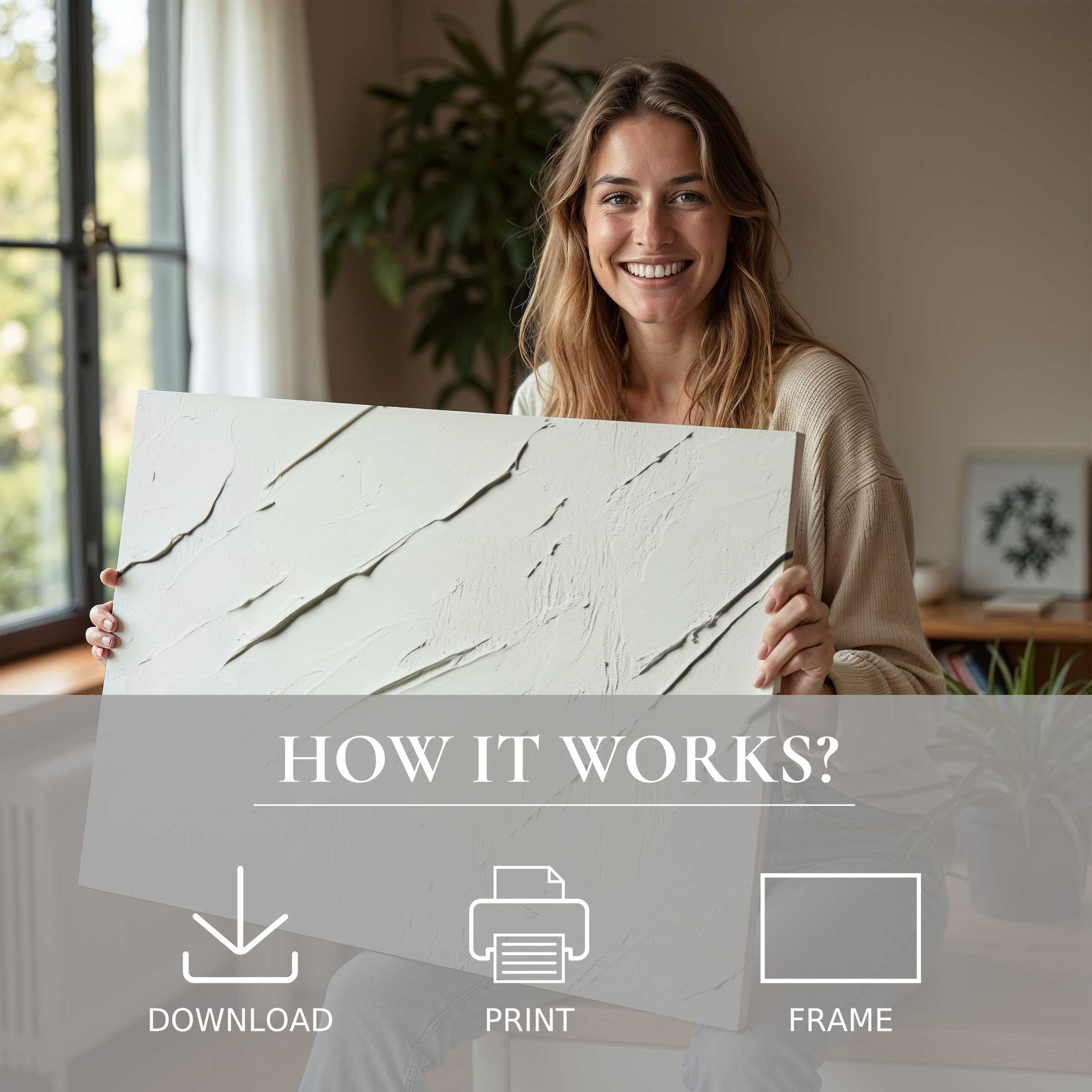 A serene moment of joy in modern home design, where an abstract digital art print inspires connection and effortless style