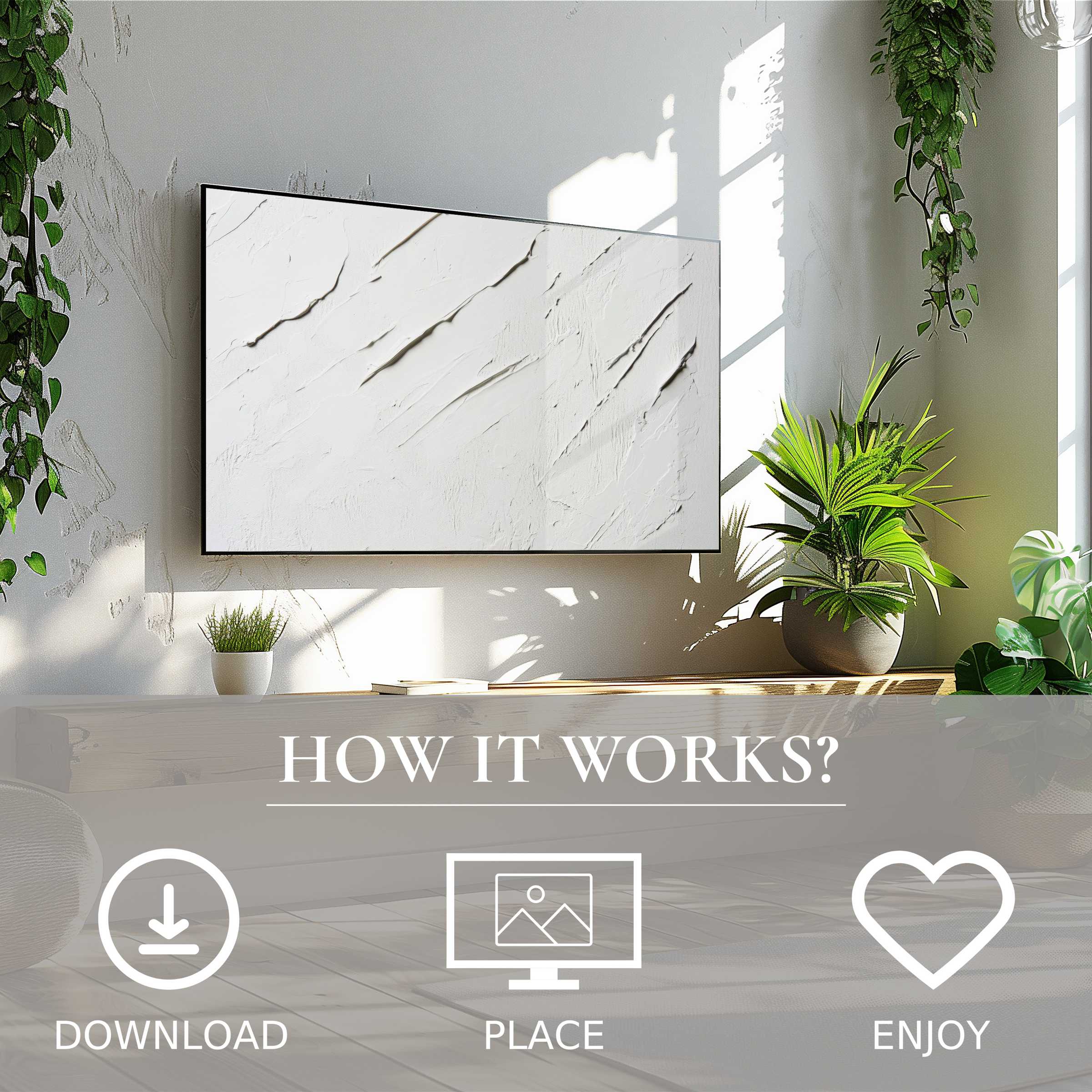 Abstract art for Samsung TV shows soft white textured strokes, easy digital download enriches your calm living space