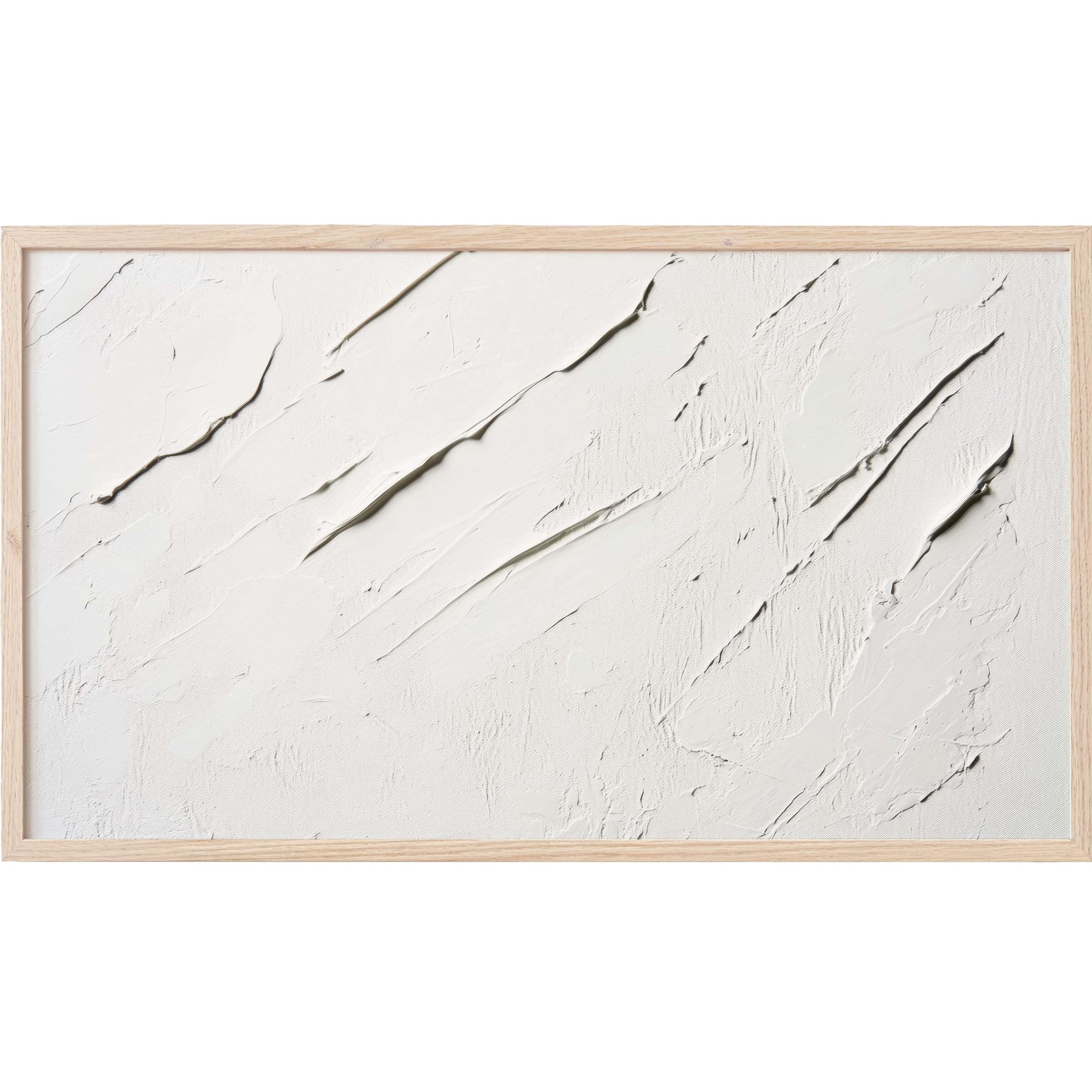 Minimalist white textured strokes in natural wood frame, embodying refined abstract Frame TV Art for modern spaces