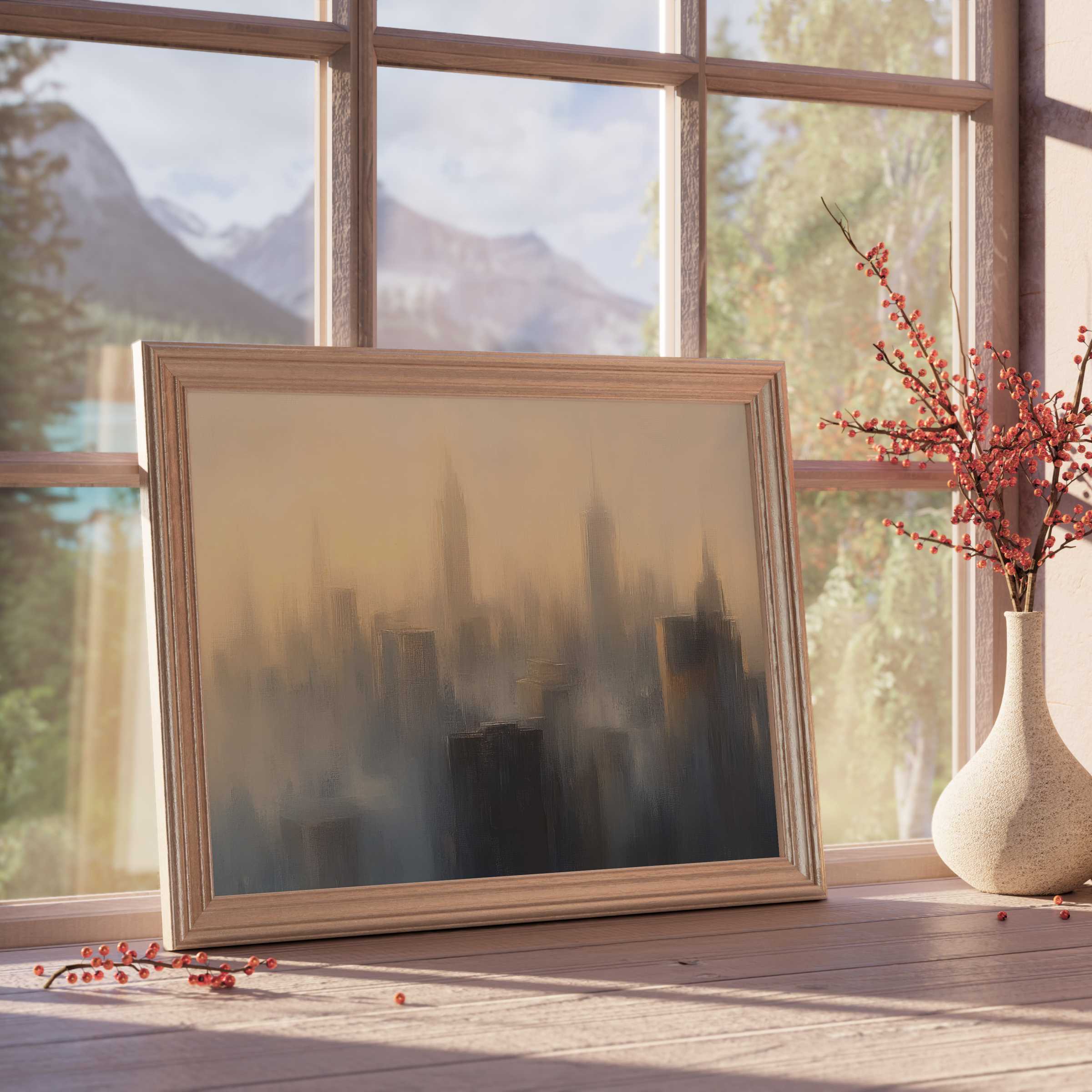 Urban downloadable art capturing a serene cityscape mist at dawn, elevating modern interiors with warm, tranquil elegance