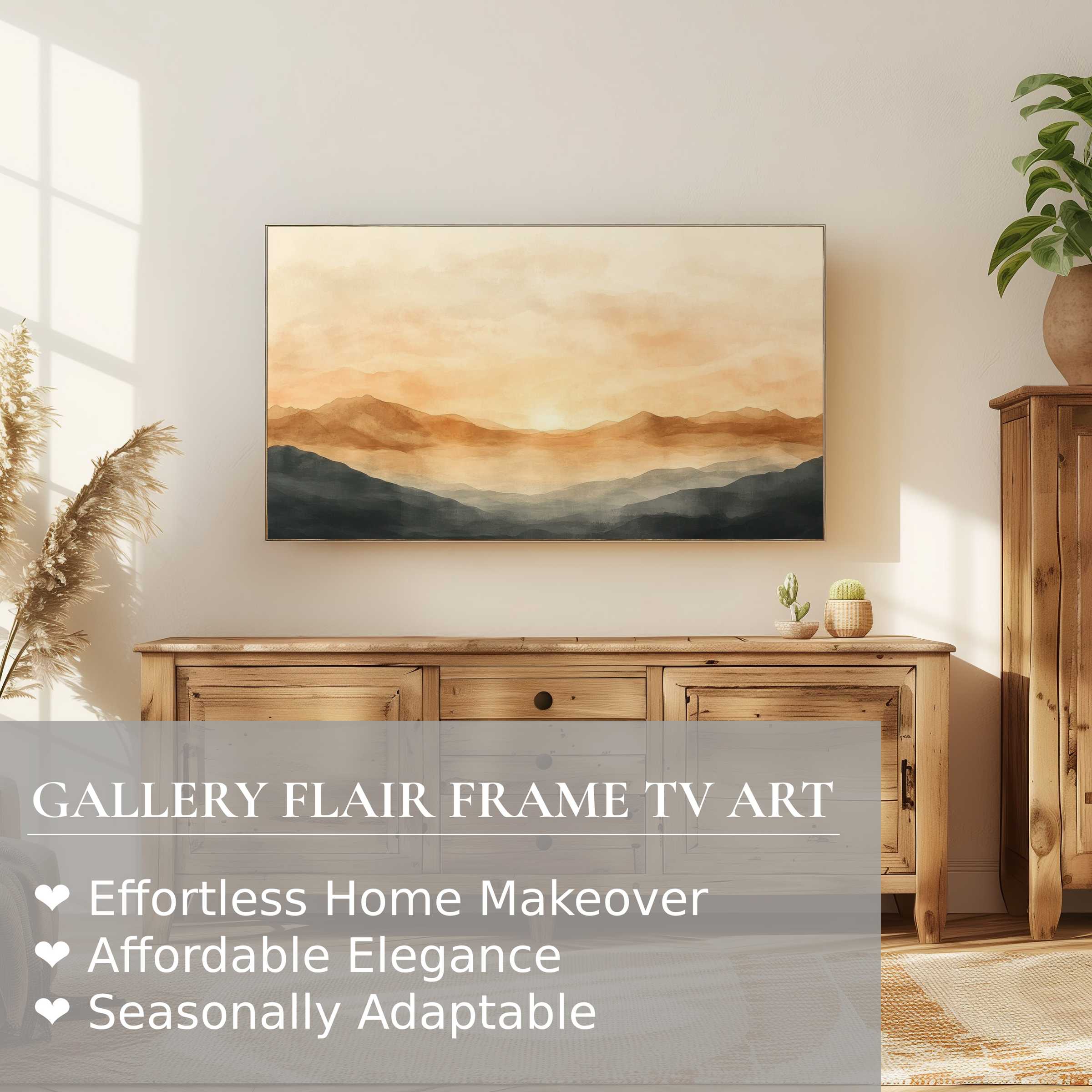 Samsung Frame TV showcasing neutral digital artwork of serene mountains in a warm, elegant modern living space