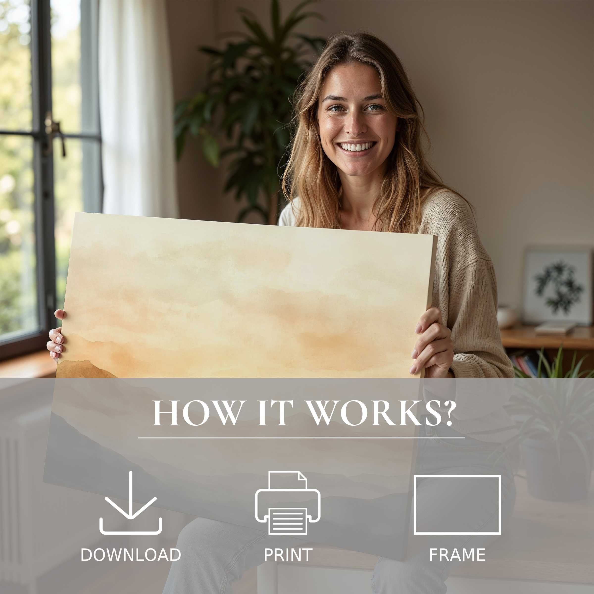 Radiant joy as a woman embraces a neutral digital art print, harmonizing serene tones with effortless, stylish home elegance