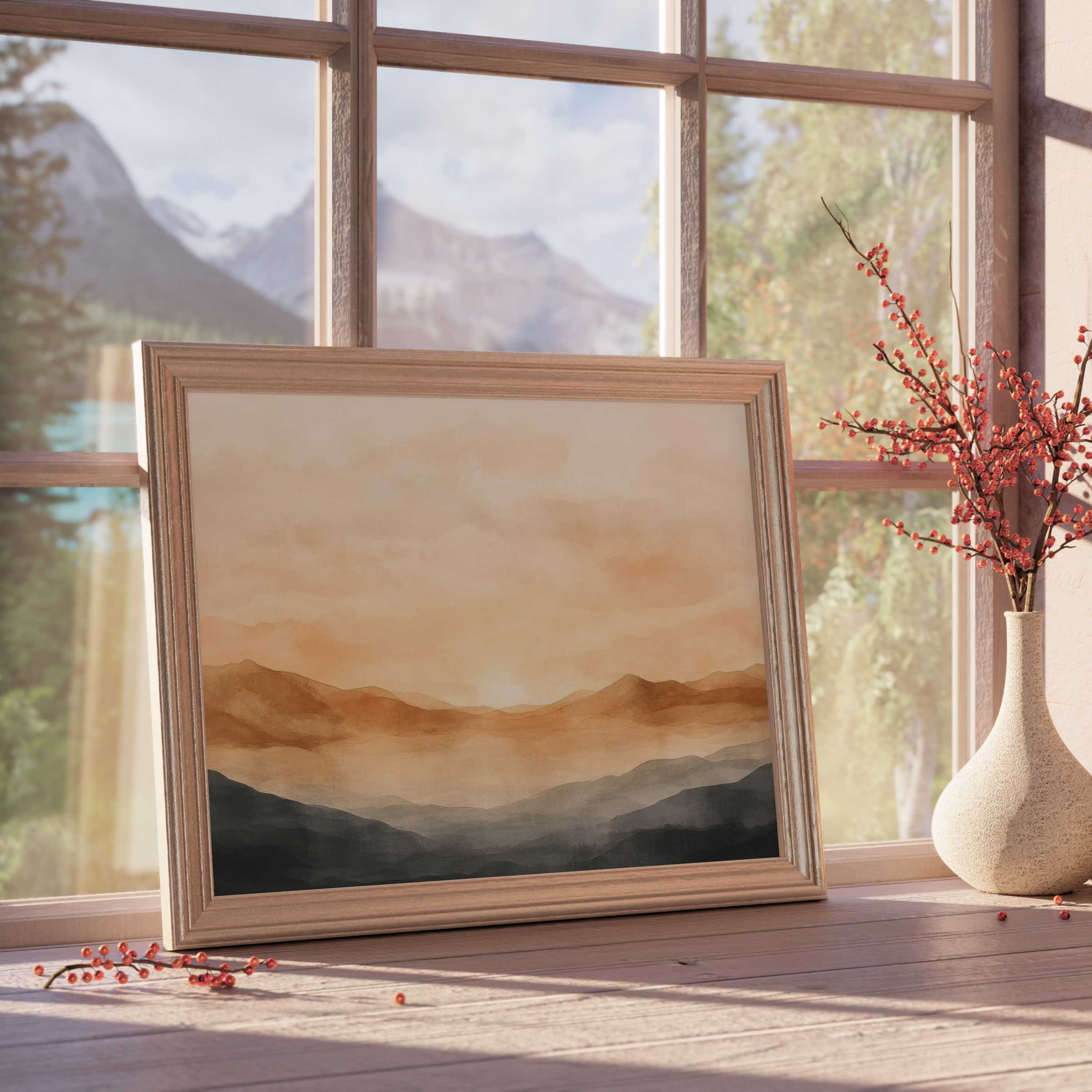 Neutral downloadable art of serene layered mountains in warm earth tones, perfect for curated, tranquil, design-forward interiors