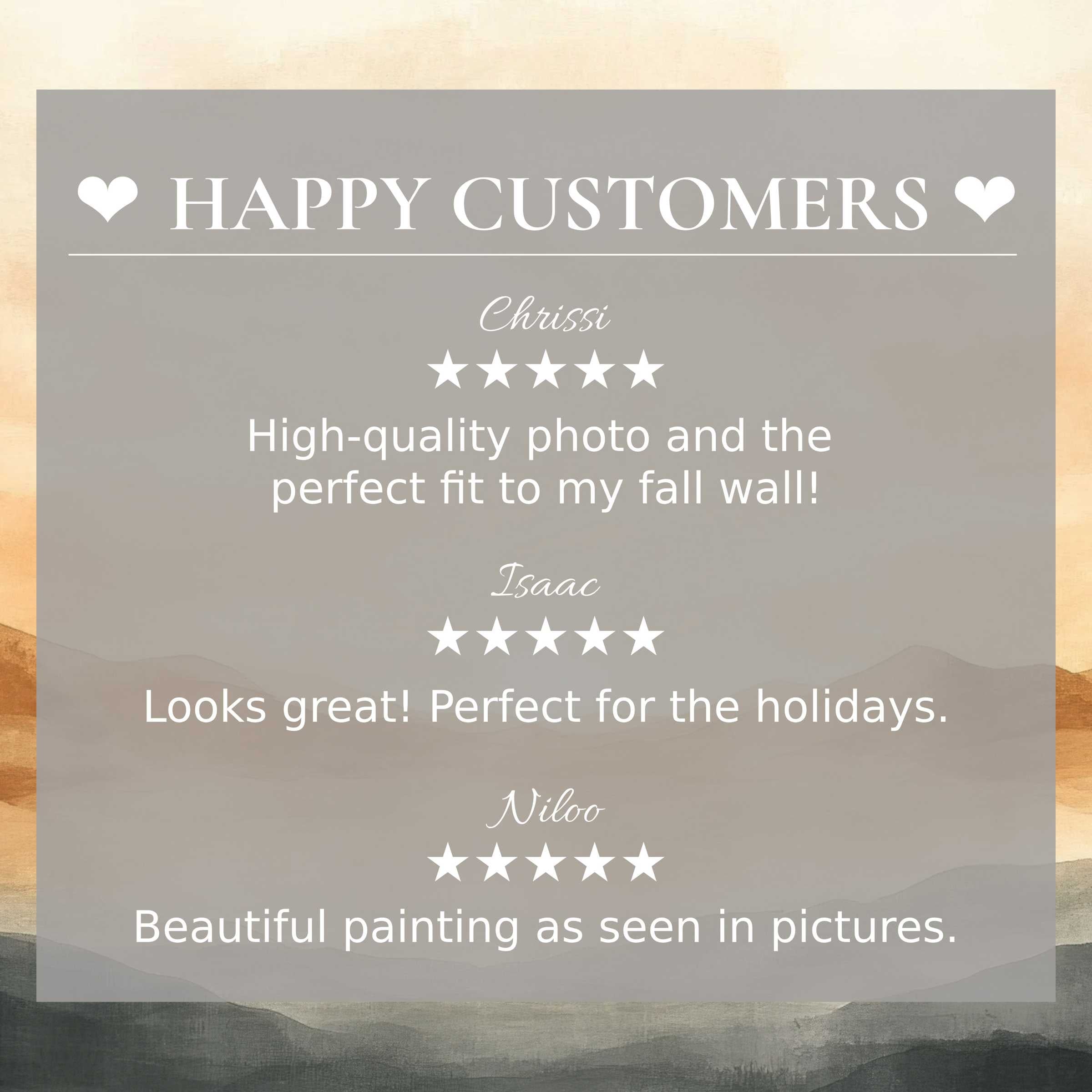 Elegant neutral art for Frame TV with serene sunset hues, featuring happy customer reviews that build trusted style