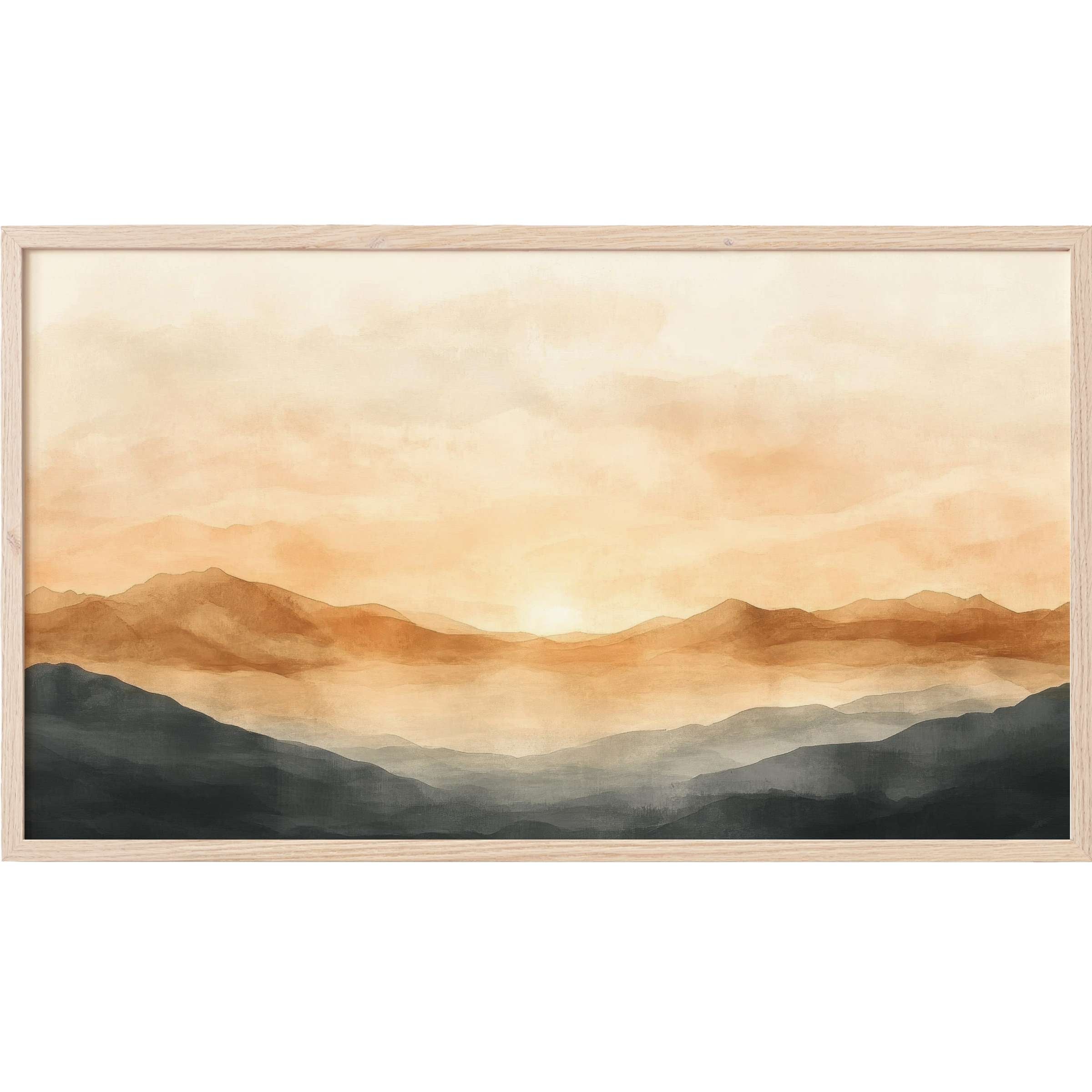 Serene mountain landscape in soft oranges and muted grays, minimalist neutral Frame TV Art for modern interiors
