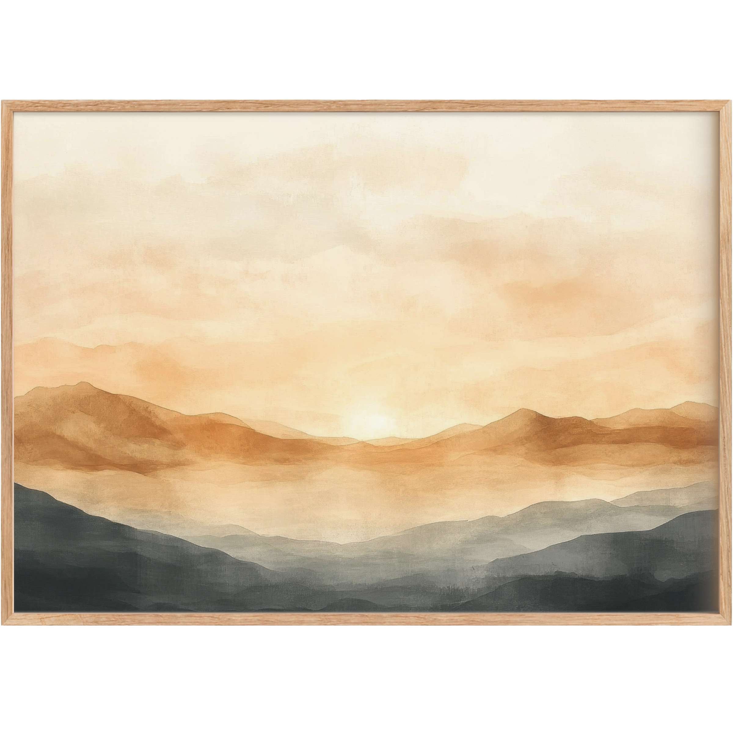 Neutral printable wall art capturing a serene sunrise over misty mountains, blending warm amber and soft charcoal hues for a calming ambiance