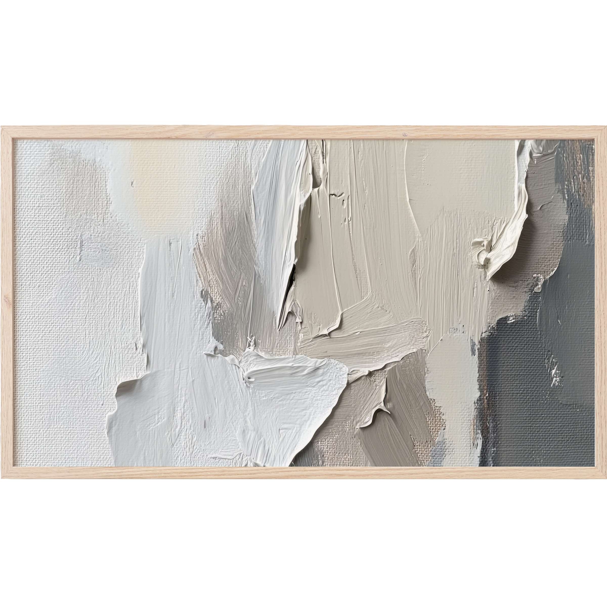 Modern Frame TV Art featuring textured, layered brushstrokes in soft neutrals and cool grays for elegant decor