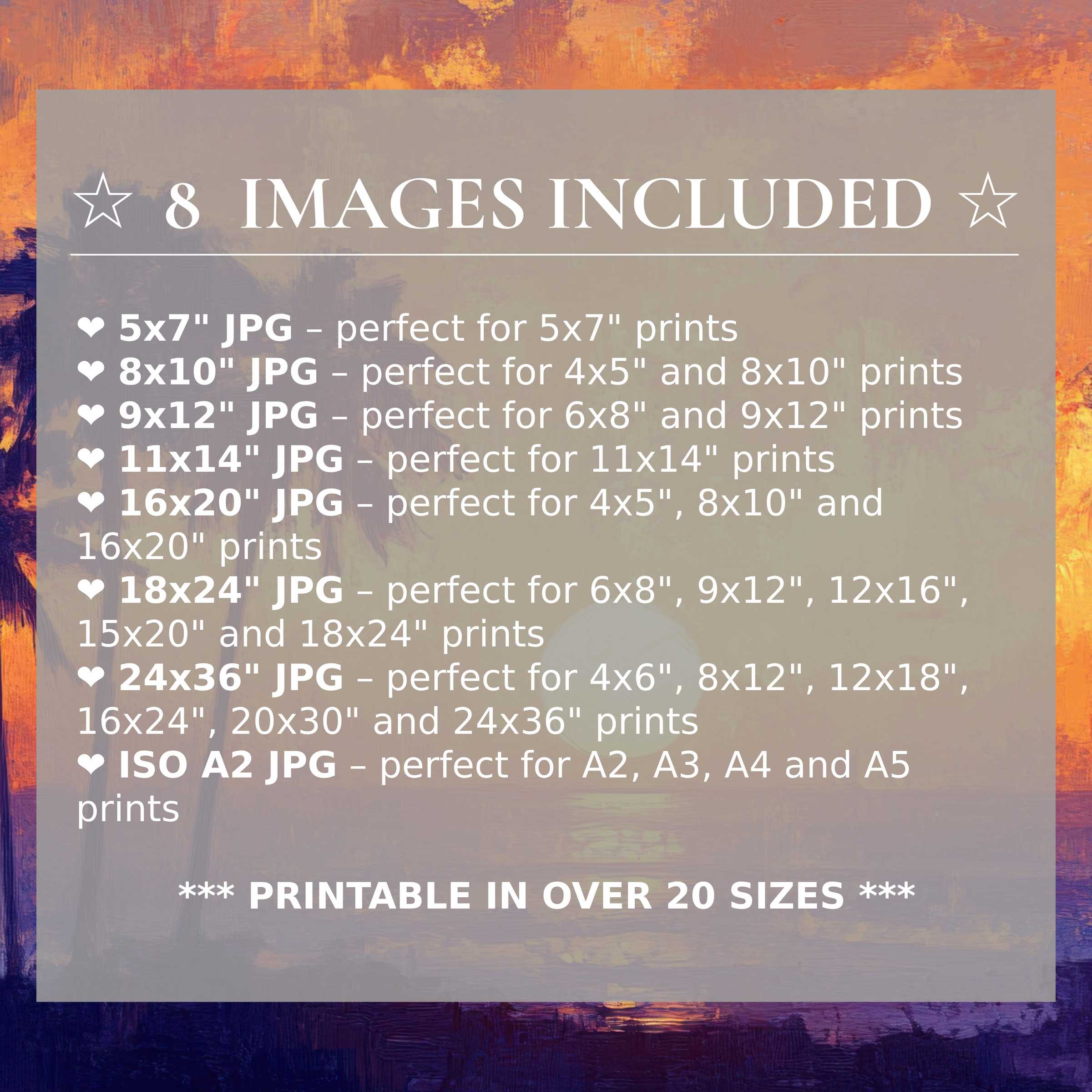 Print size guide showing 8 included JPG formats for versatile wall art printing – perfect for framing in popular sizes from 5x7 to 24x36 and A2